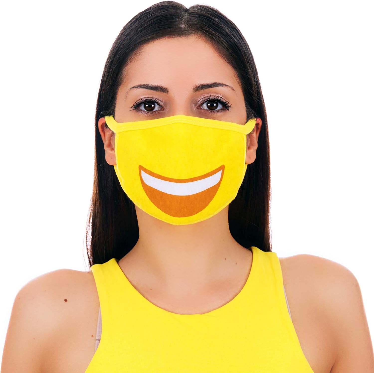Black Friday 🔥 MojiGear Grin Face Premium Cotton Cloth Smiley Face Mask with Unique Design - Reusable and Machine Washable with Pollution Filter - Unisex for Teens Men Women - Yellow