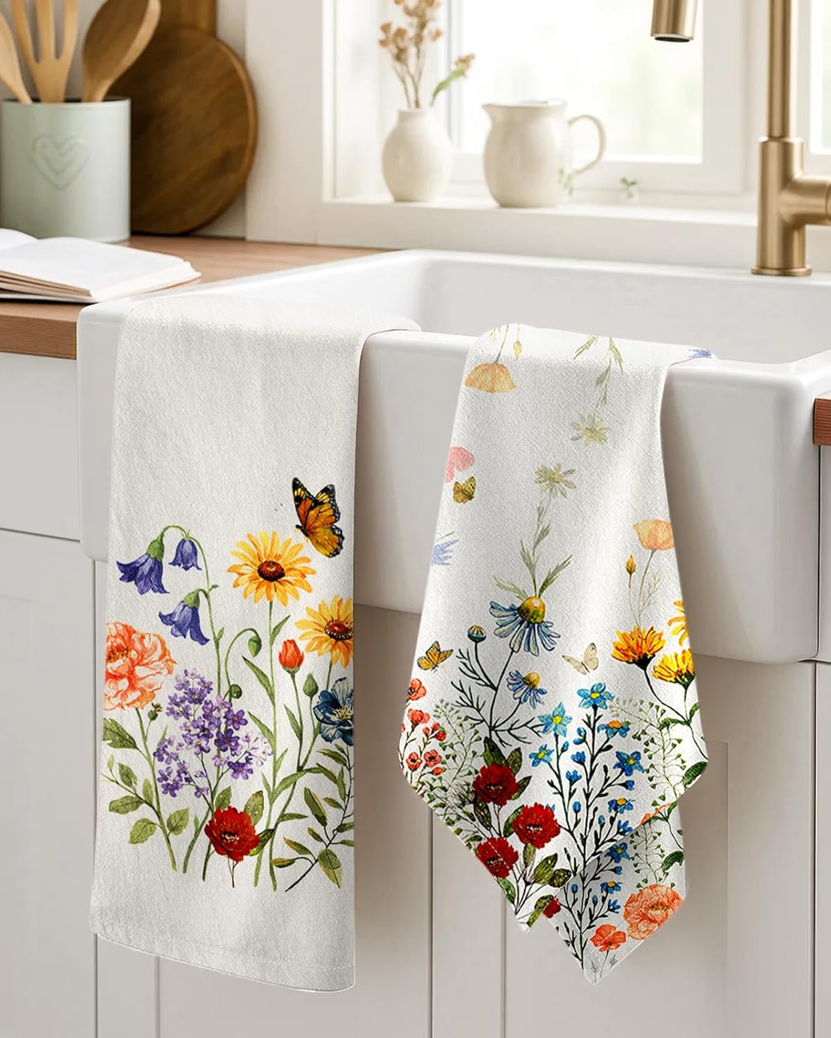 Miss Adola 4pcs Flour Sack Kitchen Towels - Set of 4 Cotton Dish Towels with Hanging Loop Decorative 18x26 Inch Absorbent Cute Design for Housewarming Gifts, Retro Floral