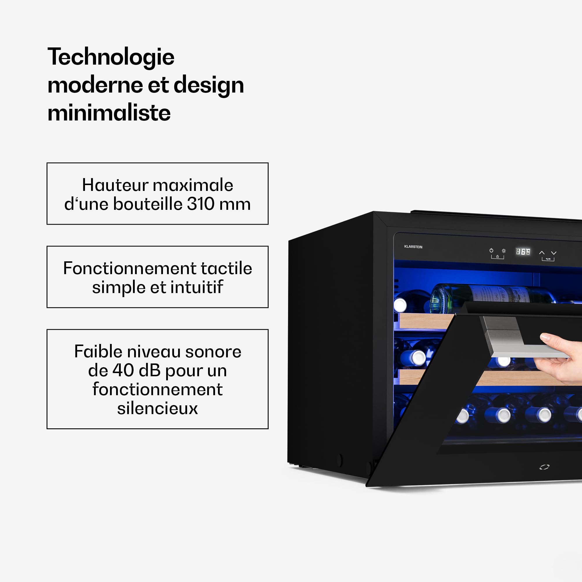KLARSTEIN Illuminosa Cave à Vin Encastrable - 19 Bouteilles, 1 Zone, 5-20°C, LED, Porte UV, Silencieuse, Clayettes Bois, Frigo Vin, Contrôle Tactile