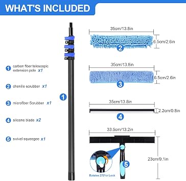 DOBEN 24-Foot Carbon Fiber Window Cleaner Tool with Telescopic Extension Pole, Rotating Scrubber & Squeegee - Sturdy Lightweight Design for Indoor/Outdoor Glass Cleaning