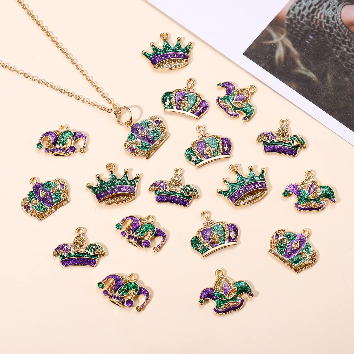 NVENF 18PCS Mardi Gras Charms for Jewelry Making, Crown Jester Mask Fleur-de-lis Pendant Charms for DIY Bracelet Necklace Earrings Crafts Carnival Mardi Gras Accessory (18PCS Crown) - Image 2