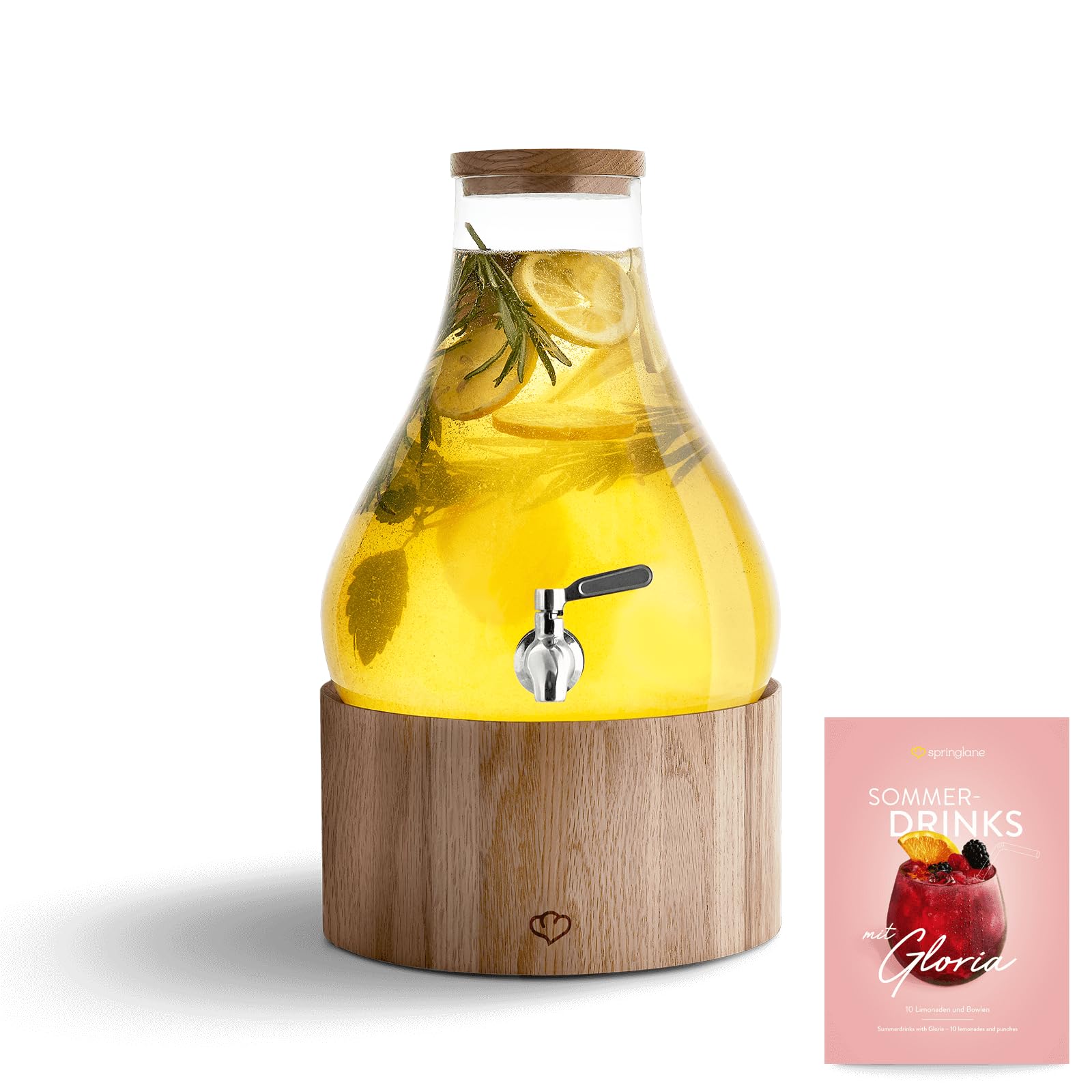 SPRINGLANE Glas Getränkespender 5,5 L Gloria mit Edelstahl-Zapfhahn & Ständer aus Gummibaumholz, Limonaden-Spender, Vintage Design Mason Jar