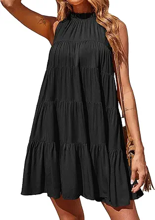 Okiwam Womens Summer Halter Dresses Sleeveless A Line Tiered Swing Mini 2025 Fall Casual Boho Beach Vacation Sundress