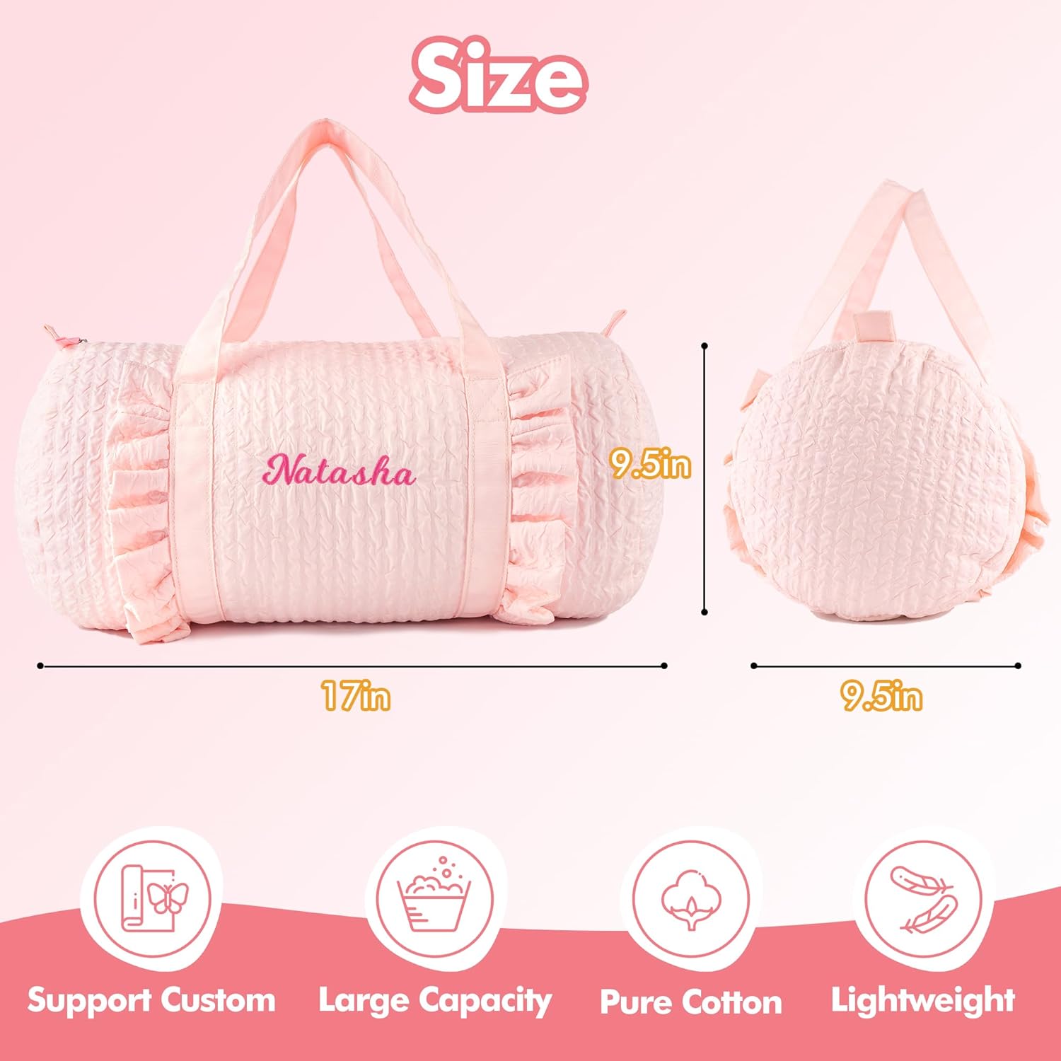Girls Ruffle Duffle Bag Personalized Seersucker Ballet Dance Bag for Girls Custom Overnight Duffle with Name for Baby Toddler Weekender Travel