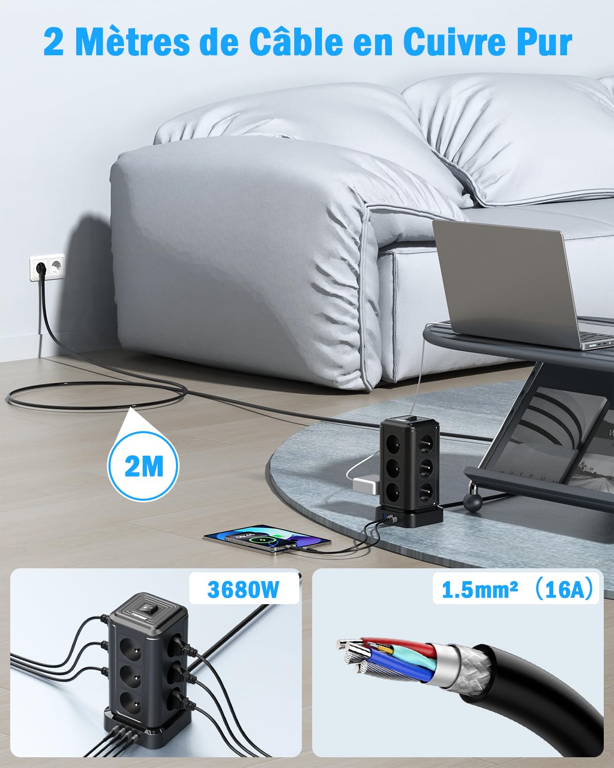 TOPREK Steckdosenleiste mit 12 französischen AC-Steckdosen und 1 USB C (20 W PD3.0) und 3 USB A und 1 Schalter und 2 m Verlängerungskabel, 4000 W/16 A