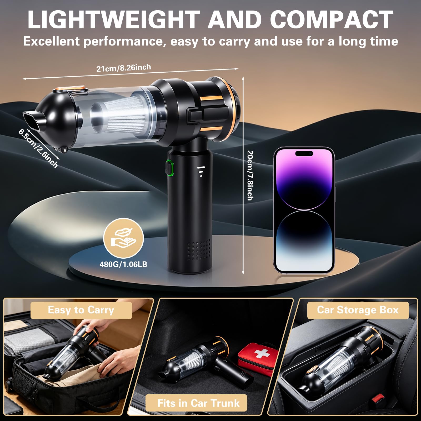 Aspirabriciole Senza Fili,26000Pa Aspirapolvere Auto,Mini Aspirapolvere Portatile,Potente Aspiratore e Soffiatore 4 in 1 con Motore Brushless per Auto,Casa,Ufficio,Peli di Animali Domestici