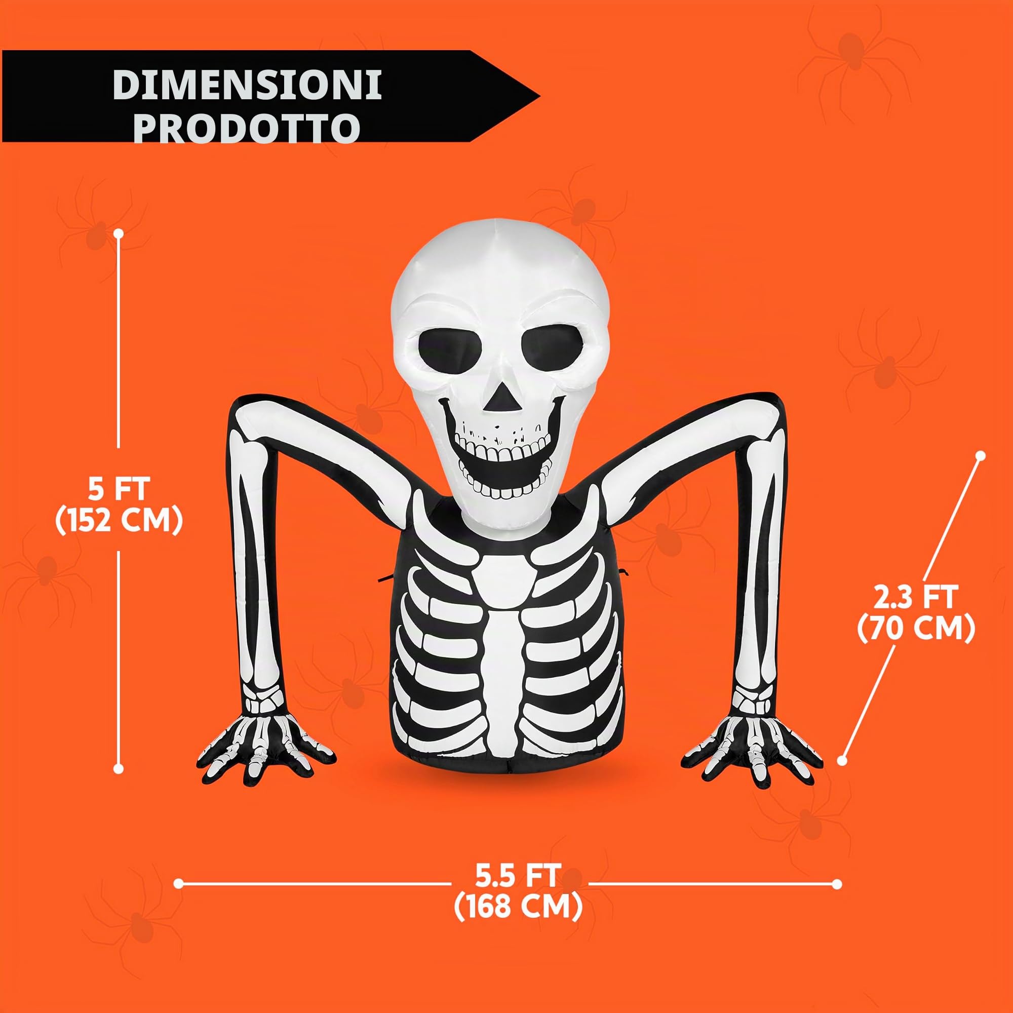 JOIEDOMI 5,5 FT Lungo Halloween Scheletro Gonfiabile Interruttore a Terra con LED Incorporati Esplodono per Halloween Interno Esterno Cortile Giardino Prato Decorazione Festa