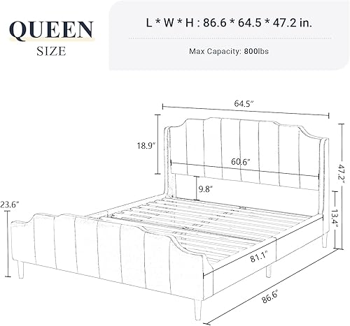 Miniatura 2 de Allewie Base de cama tapizada de terciopelo tamaño Queen con cabecera vertical y estribo patas de madera maciza y soporte de listones fuertes no