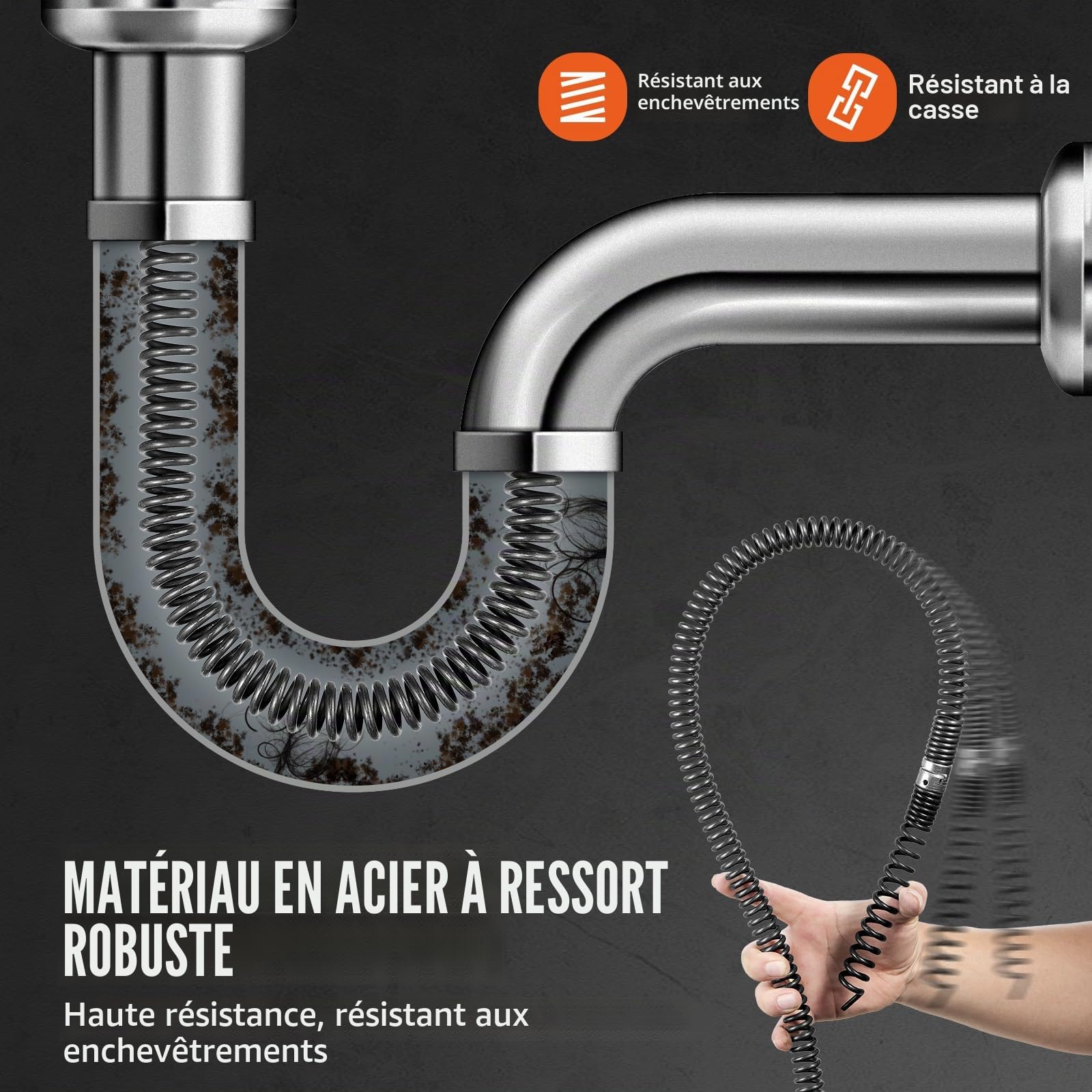 VEVOR Câble de nettoyage de canalisations, 30 m x 16 mm, câble de tarière de vidange d'égout noyau creux sectionnel professionnel, 7 coupeurs pour tuyaux 20-100 mm pour évier, siphon de sol, toilettes