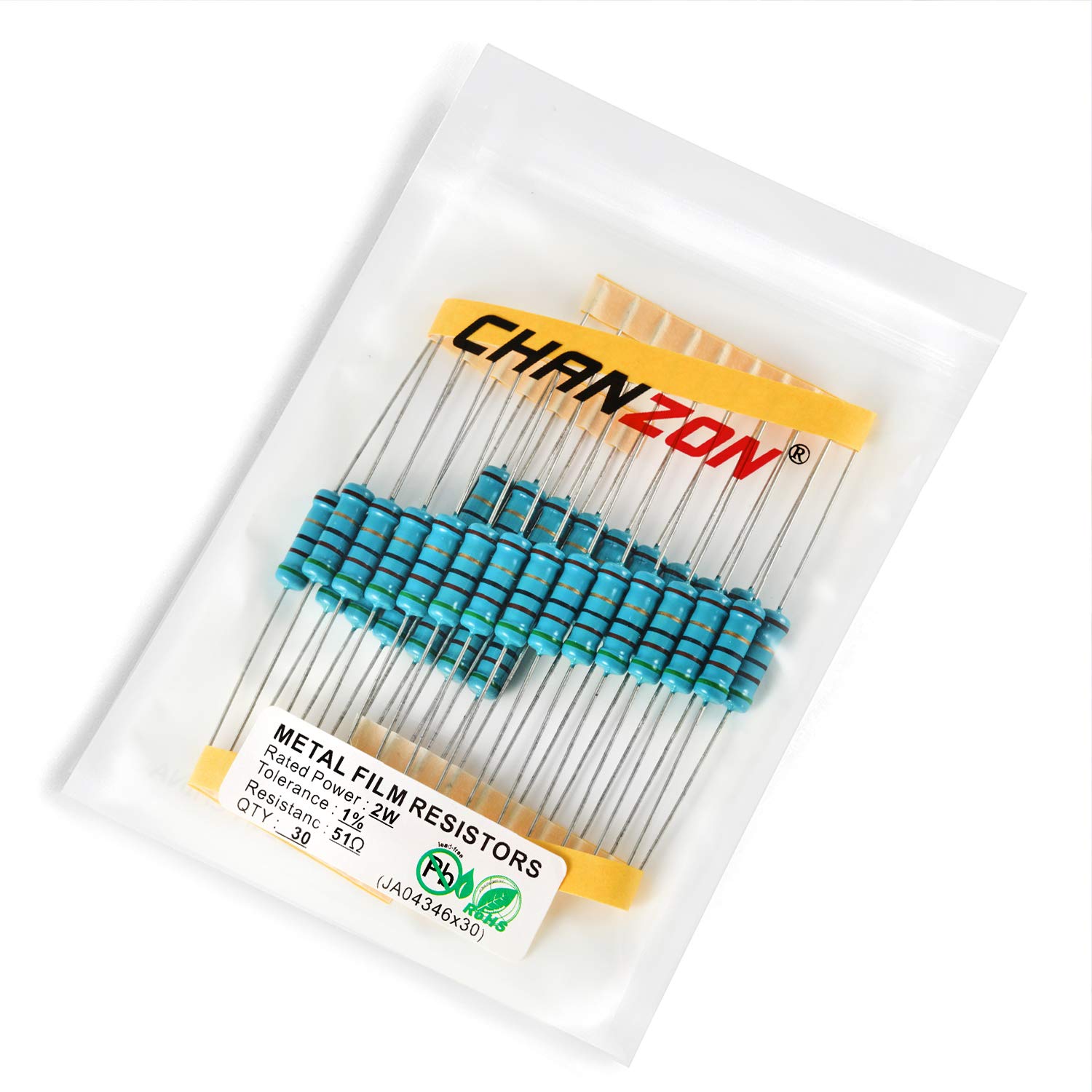 Chanzon 30pcs 2W 51 Ω ohm Metal Film Fixed Resistor 0.01 ±1% Tolerance 51R MF Through Hole Resistors Current Limiting Rohs Certificated