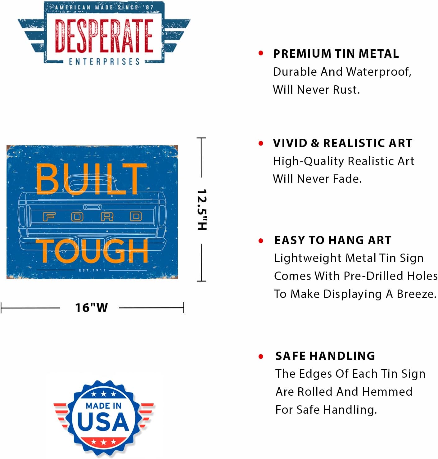 Desperate Enterprises Ford Built Tough Tin Sign - Nostalgic Vintage Metal Wall Decor - Made in USA image 2