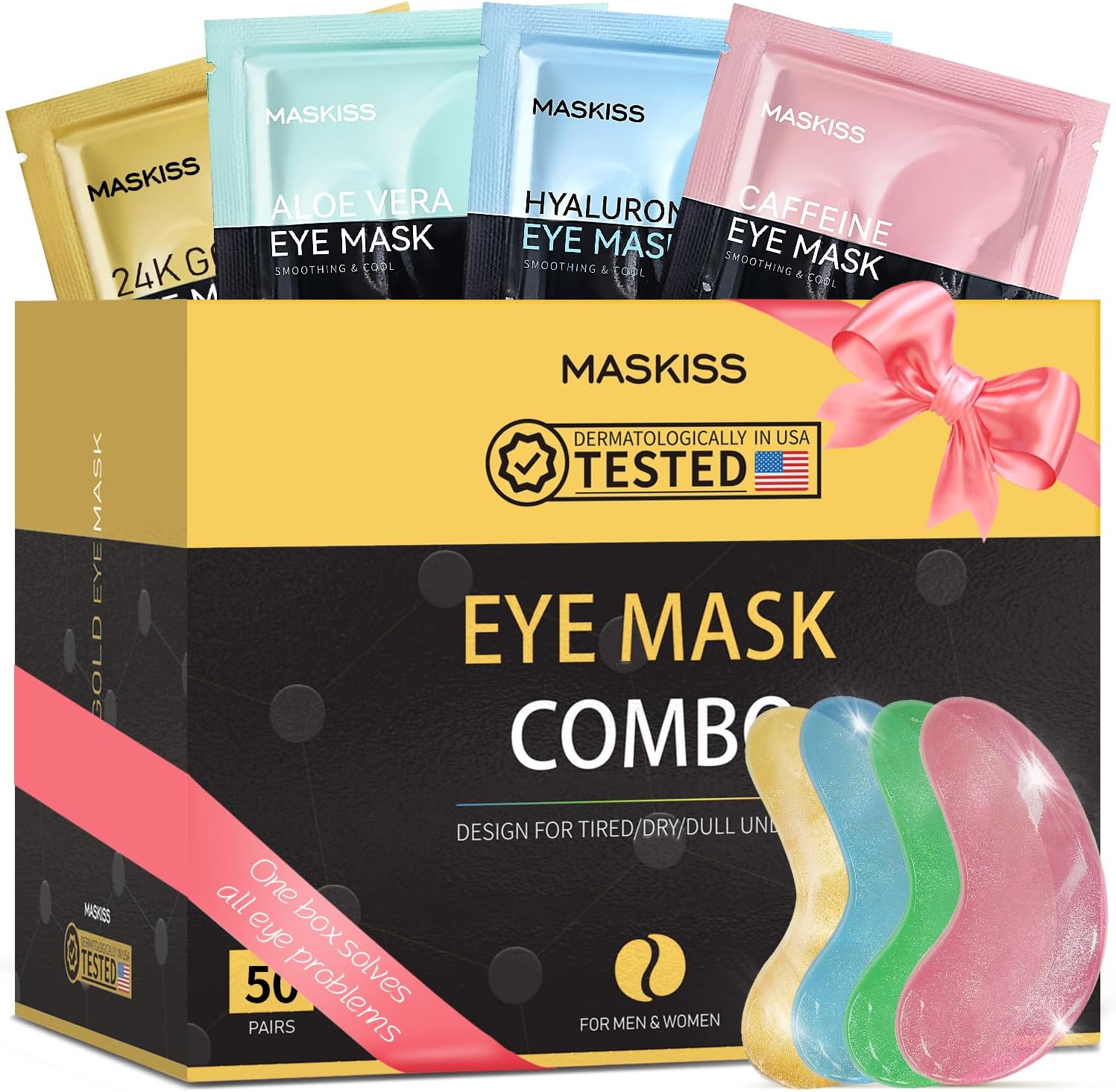 Maskiss Under Eye Patches(50 Pairs), 24K Gold, Caffeine, Hyaluronic Acid, Aloe Vera Eye Masks for Dark Circles Puffy Eyes Undereye Bags, Eye Skin Care Gift Set for Bachelorette Party Favors