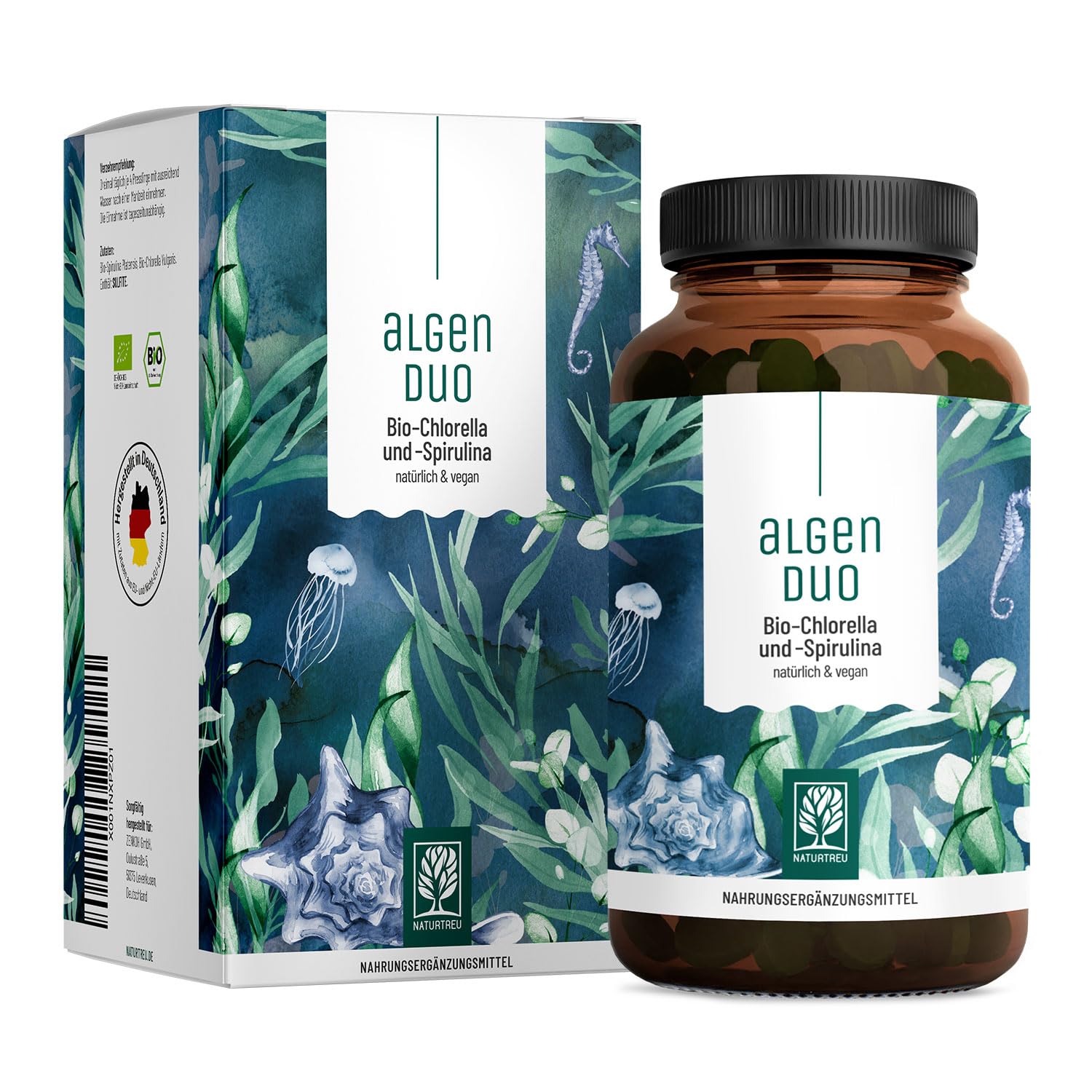 NATURTREU® Bio Spirulina & Chlorella Komplex Presslinge - 6000mg Spirulina und Chlorella je Tagesdosis - 360 Tabletten vegan