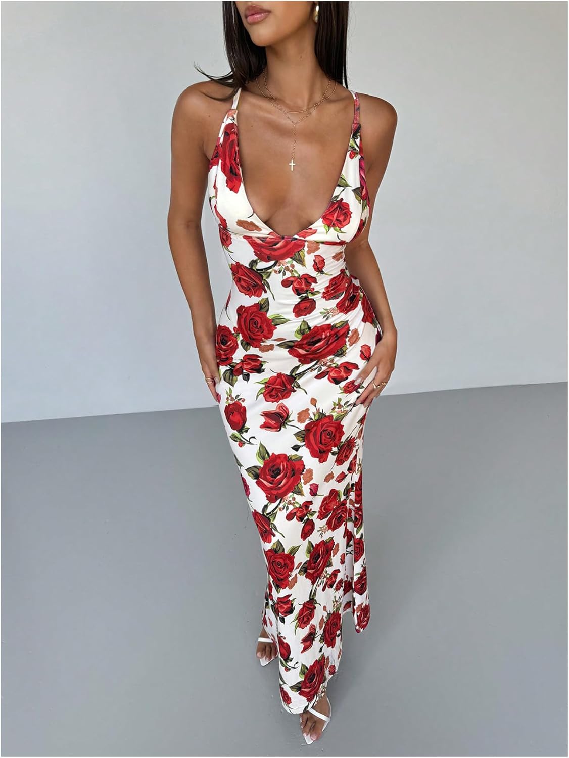 Floerns Women's Floral V Neck Maxi Cami Dress Criss Cross Backless Wedding Guest Dresses - Image 4