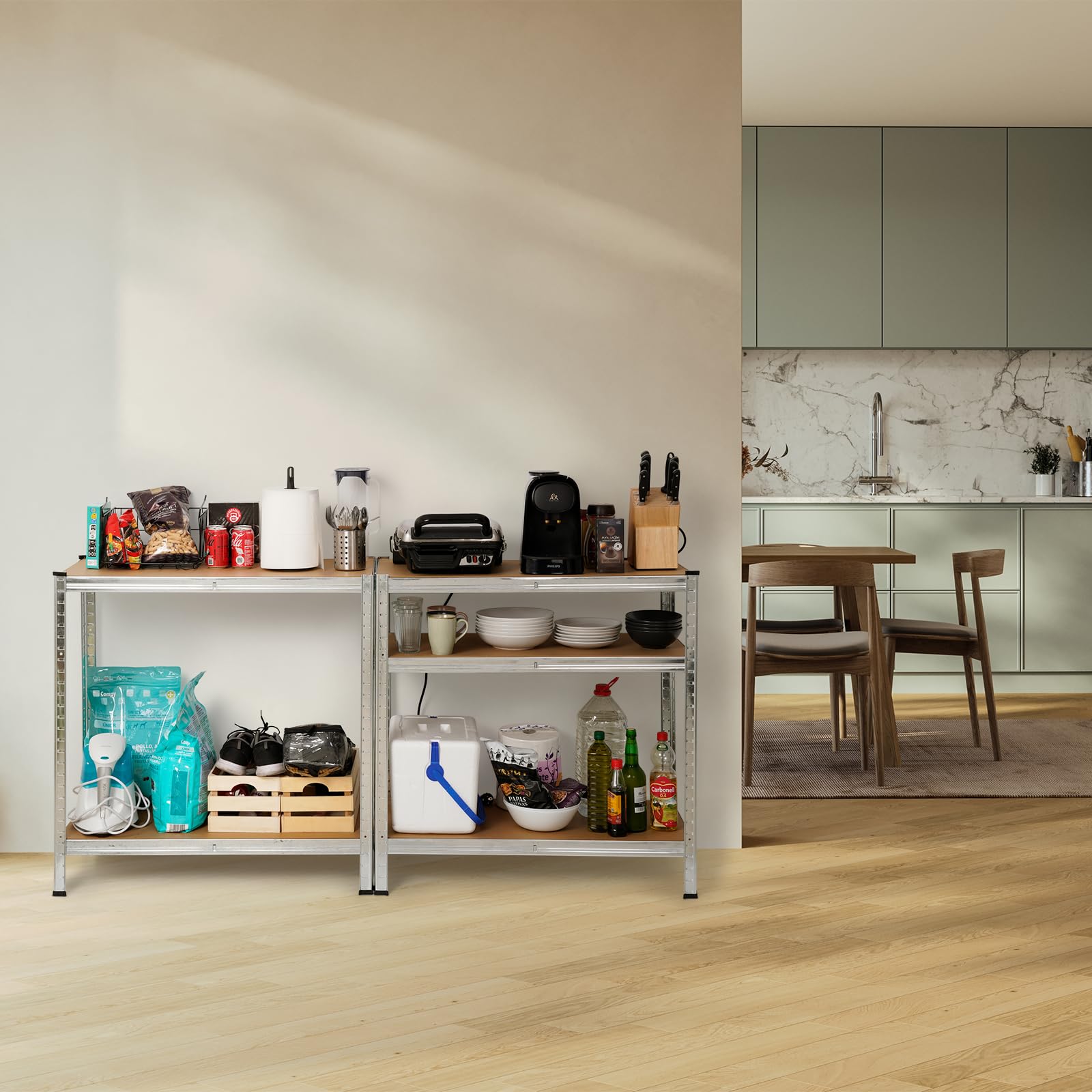 The Homeweeks Estantería Metálica 180x90x40cm | Galvanizada Modular | 5 Baldas Ajustables | MDF | Carga 175 kg por Estante y 875 kg Total | Montaje Suelo | sin Tornillos System Click & Push