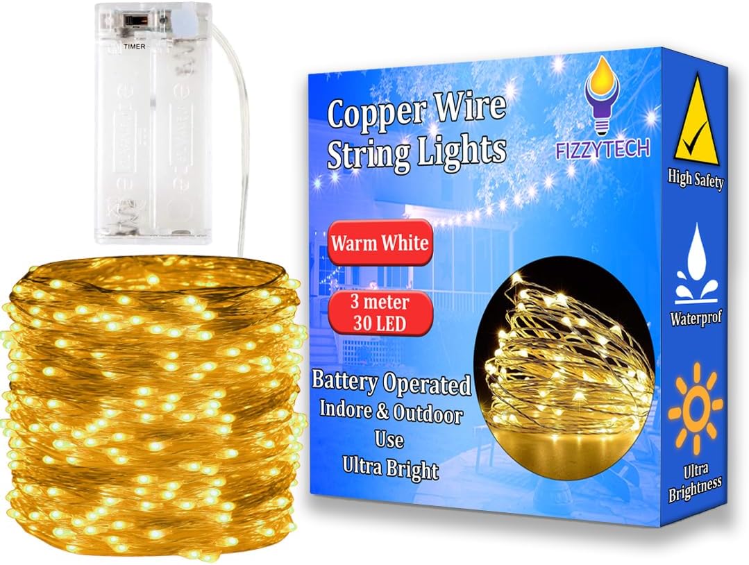 fizzytech 30 LED 3 Meter Copper Wire String Lights for Bedroom, Diwali, Christmas, Party & Home Decoration (Warm White)