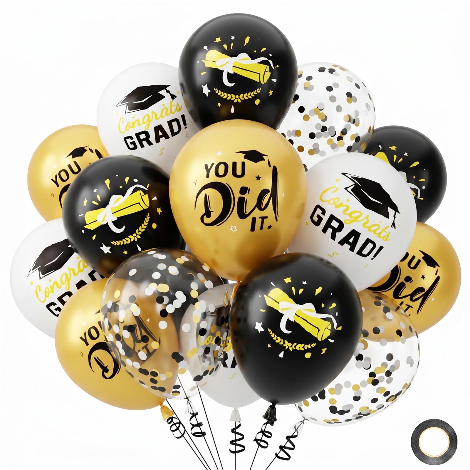 2026 Graduation Decorations Balloons - 25pcs Graduation Balloons Black and Gold Grad Party Balloon Decor for College High School Class of 2026 Preschool Nursery School Prom 2026 Balloon(You Did It!)
