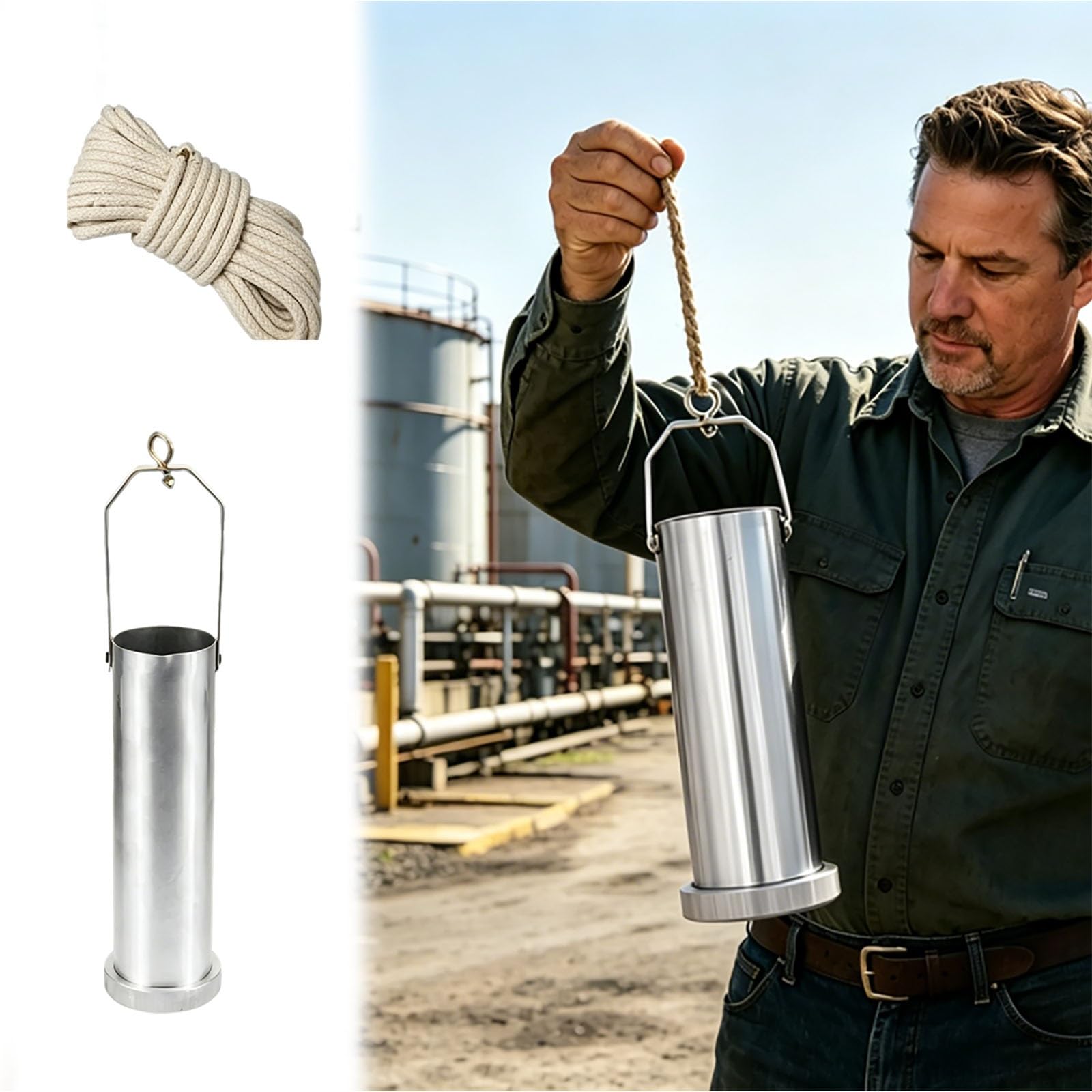 HDYZJQ Rustproof Refinery Oil Bottom Sampler with Portable Ropes, Laboratory/Industrial Handheld Oil Sampling Bottle, Easy to Clean Oil Tank Sampler Set(Stainless steel,35 fl oz/1000ml)