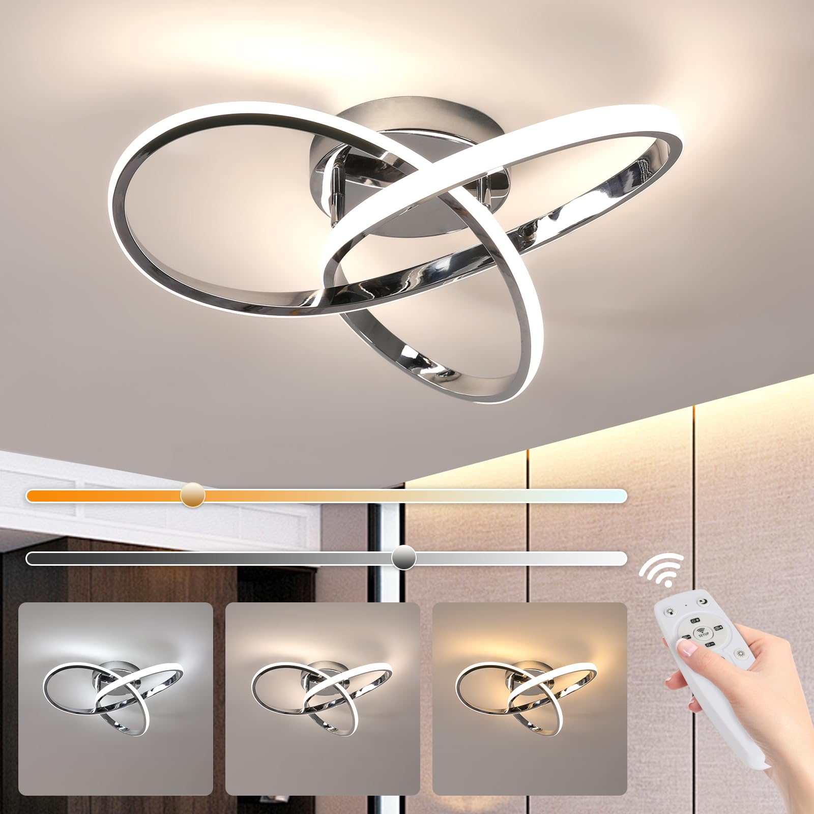 Comely Plafoniera LED Soffitto Moderna Dimmerabile, 36W Lampadario LED Soffitto con Telecomando, Creativa Forma di Fiore Lampada da Soffitto per Soggiorno Camera da Letto Cucina Corridoio (Argento)