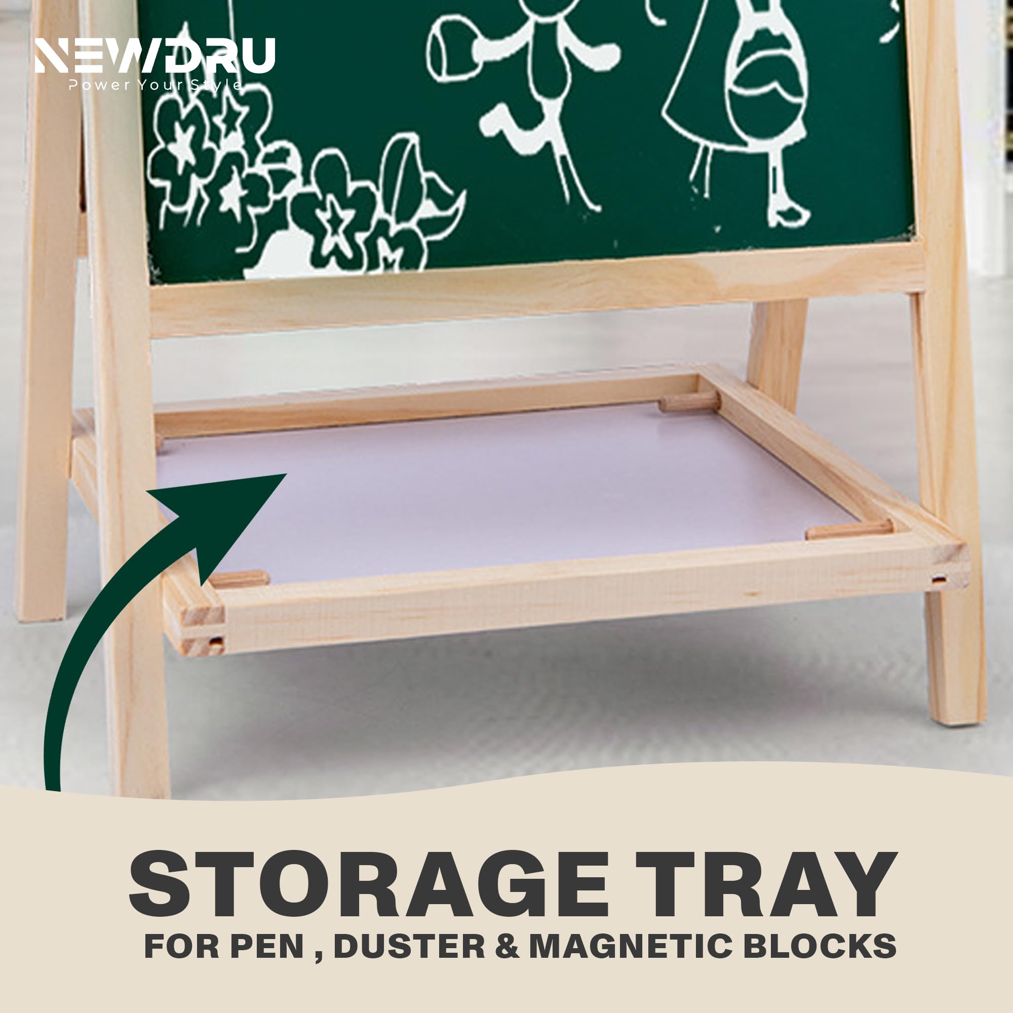 Newdru SketchBoard Pro Double-Sided Kids Drawing Board with Chalk & Marker Surfaces | Wooden Frame with Height Adjustable Drawing Stand for Kids Learning - Gifts for Toddlers - 27 x 40cm - Image 2 thumbnail