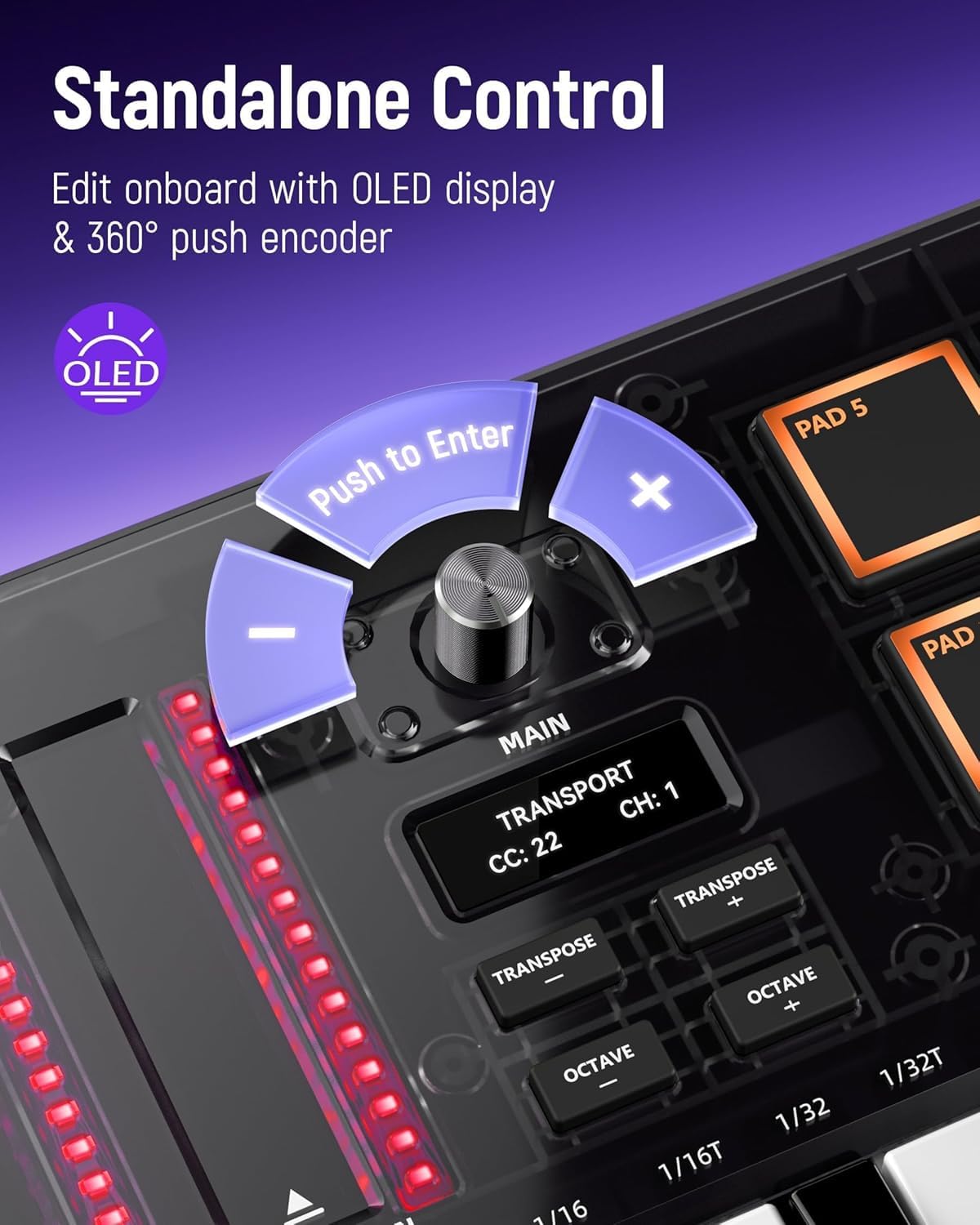 Synido 25 Tasten USB MIDI Keyboard Controller mit 8 Drum Pads, Professionelle Mini Midi Keyboard mit OLED Bildschirm, Beat Maker Maschine für Musikproduktion, Schwarz, TempoKey K25