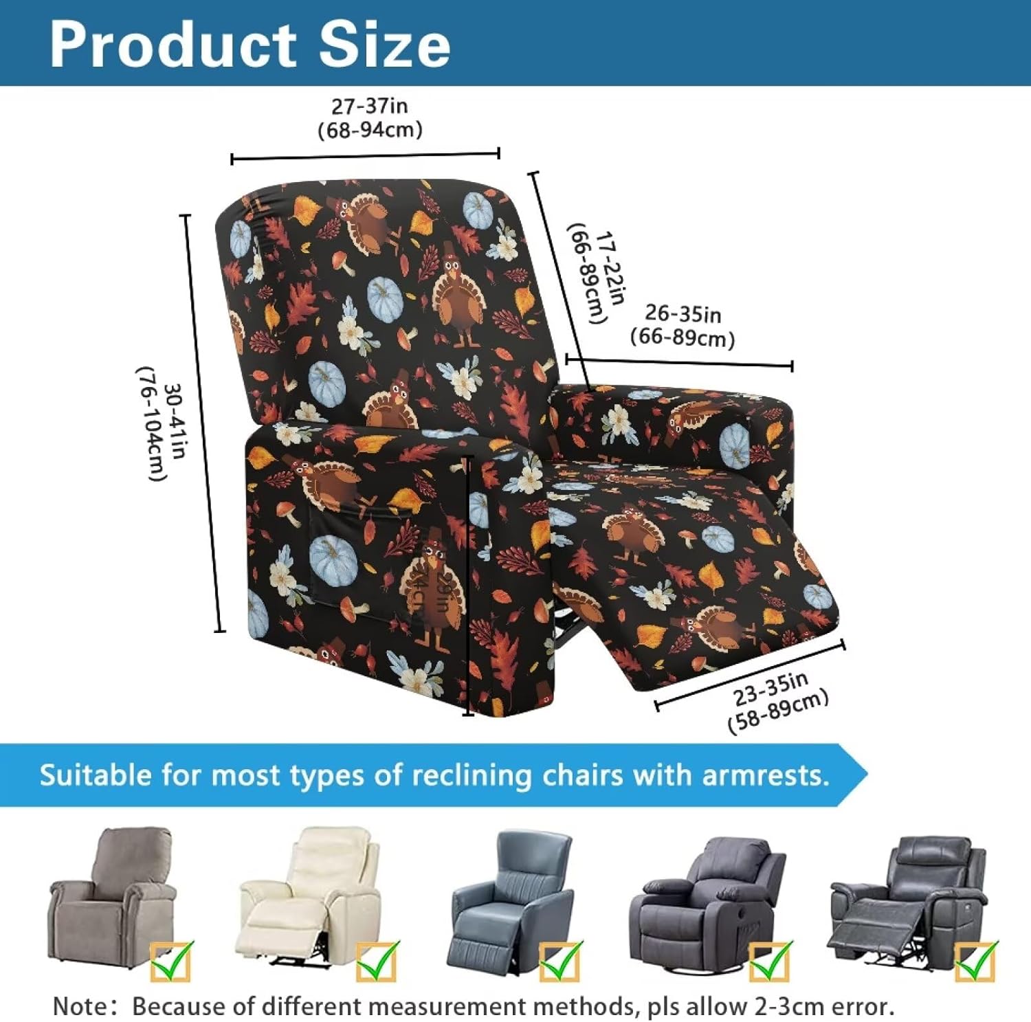FOR U DESIGNS Turkey Cute Pumpkin Recliner Cover 4 Pieces Stretch Slipcovers Non Slip with Storage Pockets Easy Clean Furniture Protector for Most Recliners Living Room