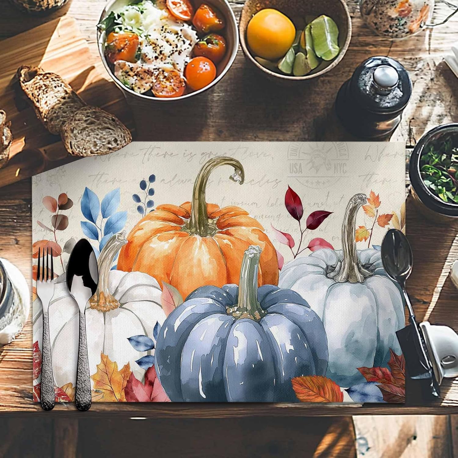 Fall Placemats Set of 6 Autumn Pumpkin Placemats for Dining Table Fall Leaves Placemats Thanksgiving Autumn Harvest Holiday Table Deoration Non-Slip Table Mats