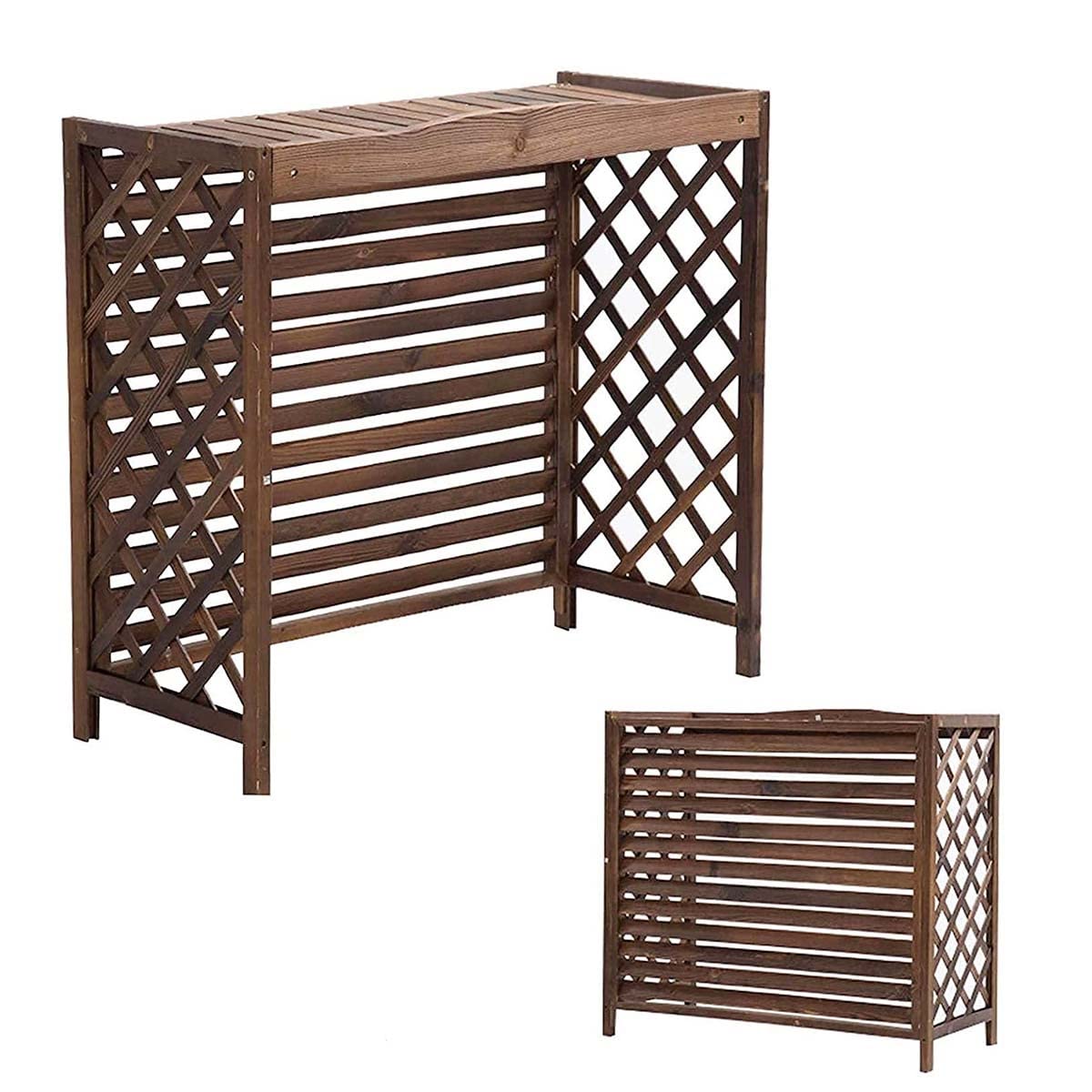 Volets décoratifs en bois pour habiller le climatiseur de terrasse et créer un coin vert