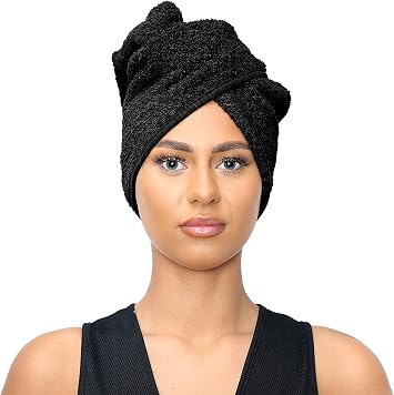 Sapphire Collection Terry Cotton Hair Towel Wrap Turban Absorbent Spa Towels with Loop & Button for Long Hairs Black