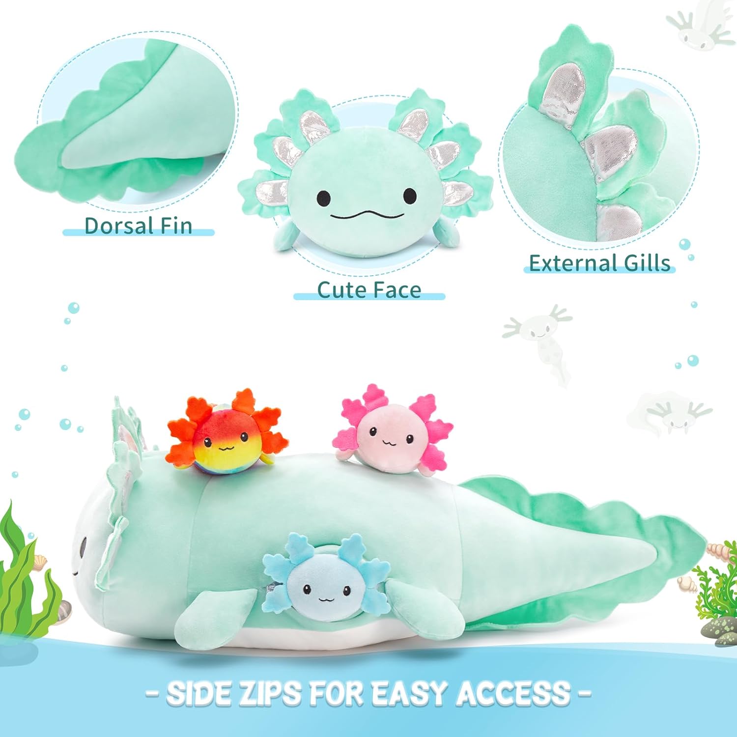 BENINY 4Pcs Axolotl Plush, Large Salamander Stuffed Animal Mommy 24" with 3 Babies in Tummy, Plushie Pillow Gifts for Kids