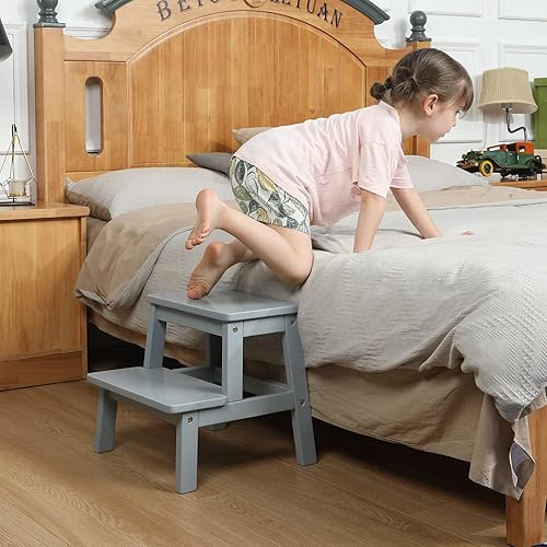 Miniatura 6 de HOUCHICS Taburete de madera para adultos y niños, taburete de cama de madera maciza, taburete multiusos de 2 pasos para cocina, cama, baño (gris)