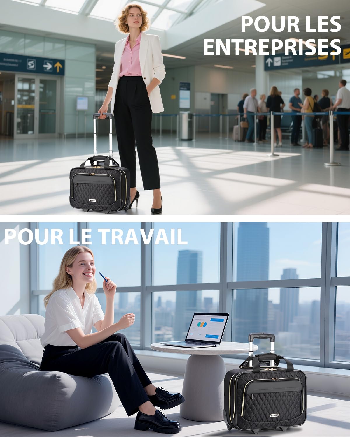 Ponhog Sacoche à roulettes pour Ordinateur Portable 15,6 Pouces, Business Trolley Sac de Voyage Femme Souple pour Affaires et Loisirs Les Voyages, Le Travail et l'école, Noire