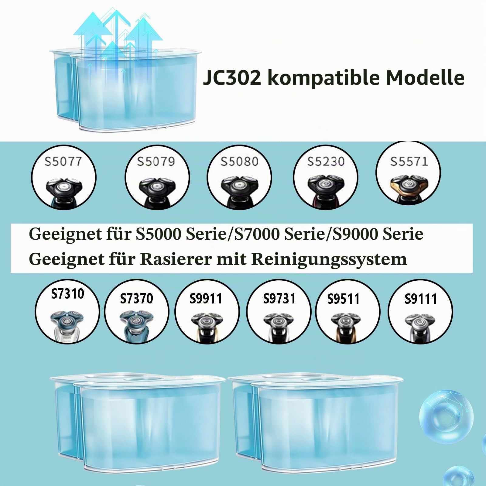 170ml JC301 JC302 Rasierer-Reinigungsflüssigkeit - Kompatibel mit Philips S5000/S7000/S9000 Series (2pcs)