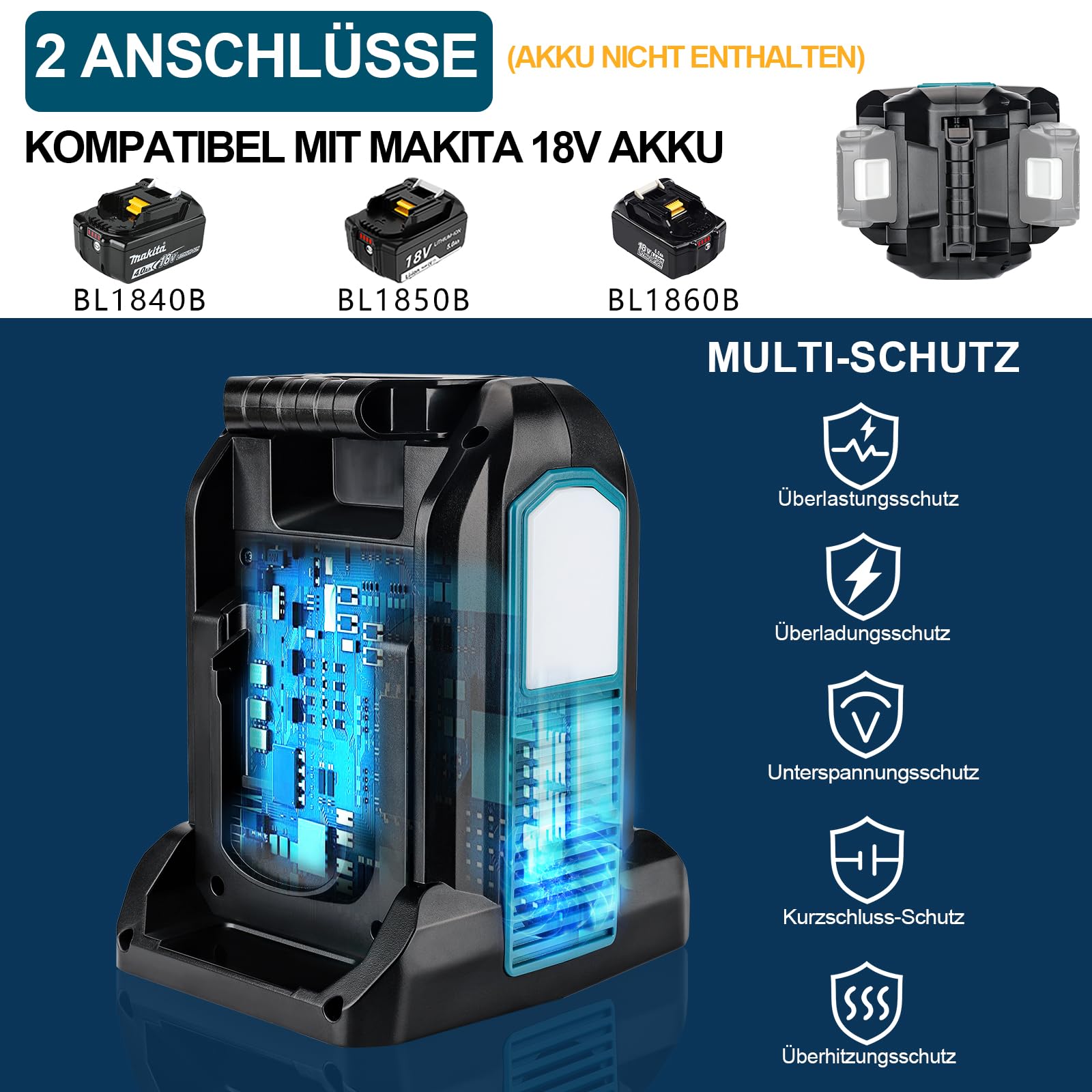 350w Wechselrichter für Makita 18v Akku, DC 18V auf AC 230V Reiner Sinus Spannungswandler, 2 Ports Stromwandler mit USB-A & USB-C Anschluss, 300LM LED Licht für Camping Notfall