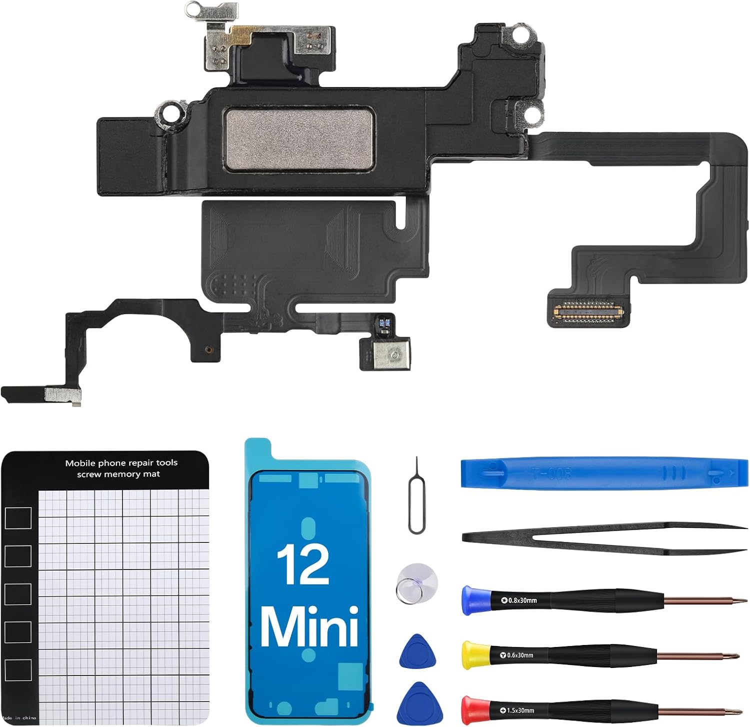 for iPhone 12 Mini Ear Speaker Flex Cable Replacement OEM Repair Kit Front Earpiece Module with Ambient Light Sensor Proximity Sensor Connector Fix Tools Kit A2176 A2398 A2399 A2400