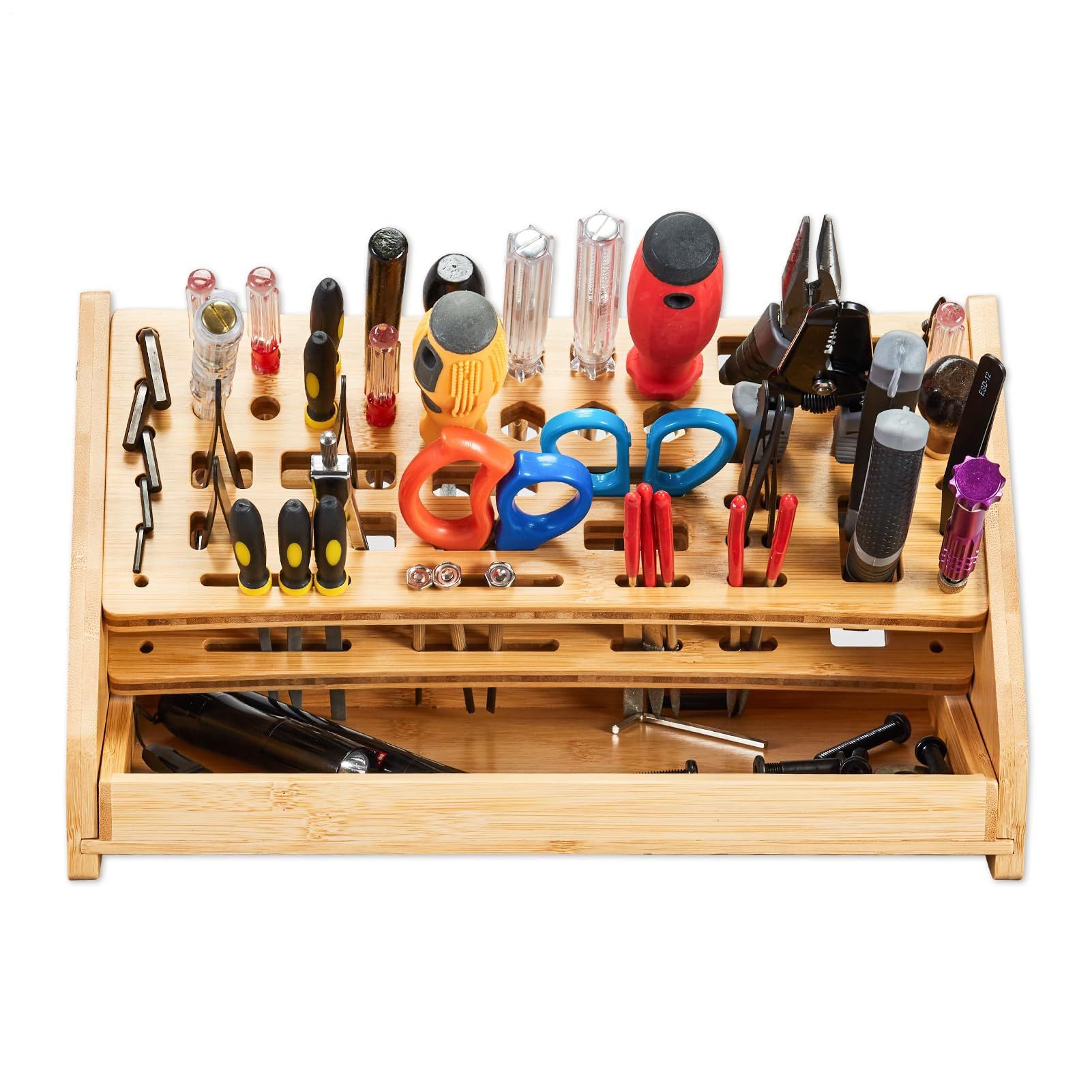 Support de tournevis en bois à 53 trous avec plateau de rangement de bureau