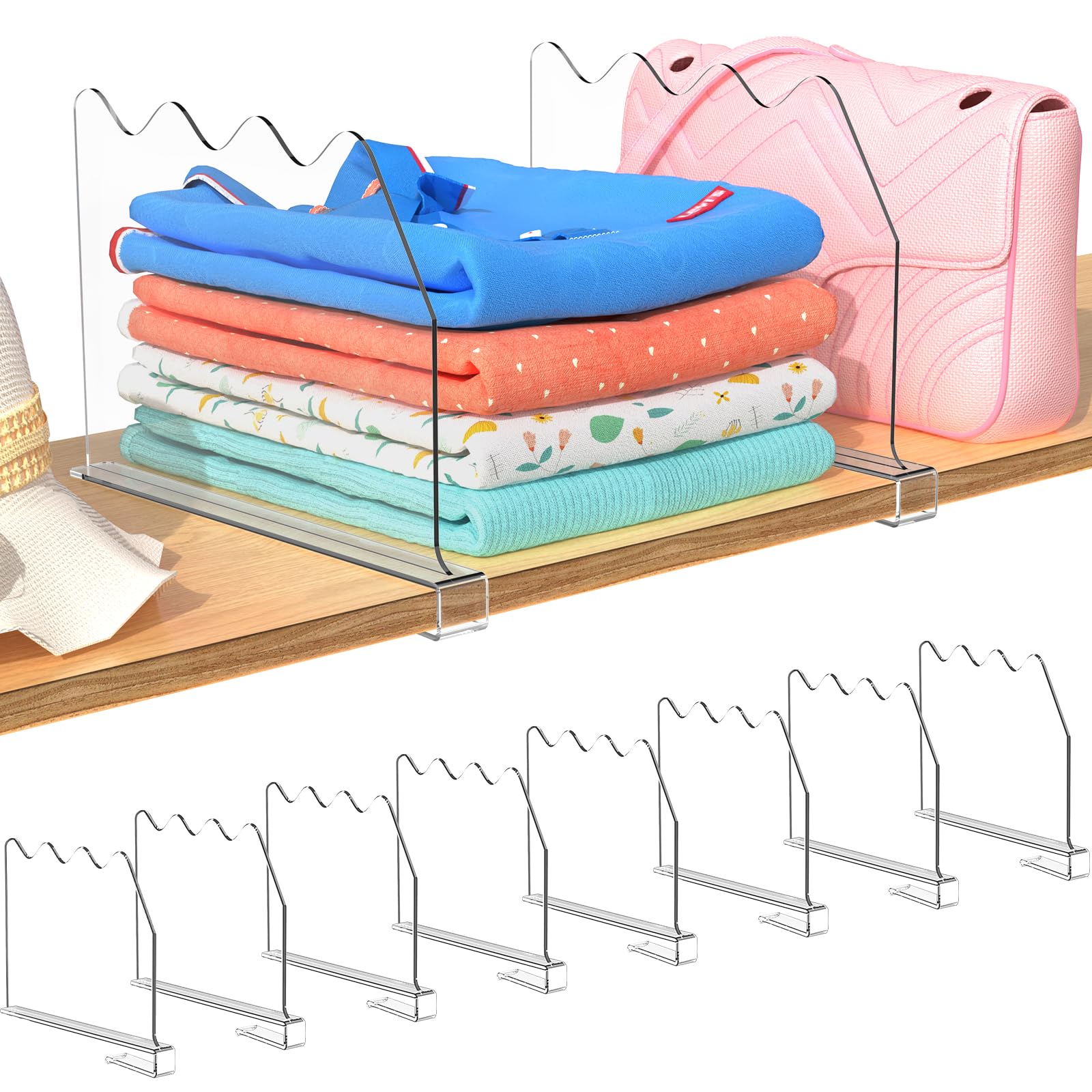 SOYO 8 PCS Shelf Dividers for Closet Organization, Durable Acrylic Clear Closet Shelf Divider for Wood Shelf, Adjustable Clear Shelf Separators for Closet, Bedroom, Kitchen and Office