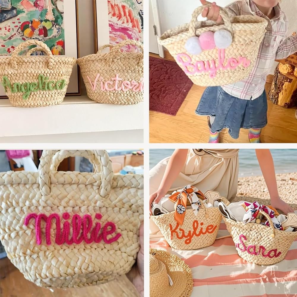 Personalized Straw Bridesmaid Handbag with Name, Customised Wedding Bridal Shower Gift Flower Baskets, Summer Travel Fashion Beach Bags, Handmade Mini Storage Bag