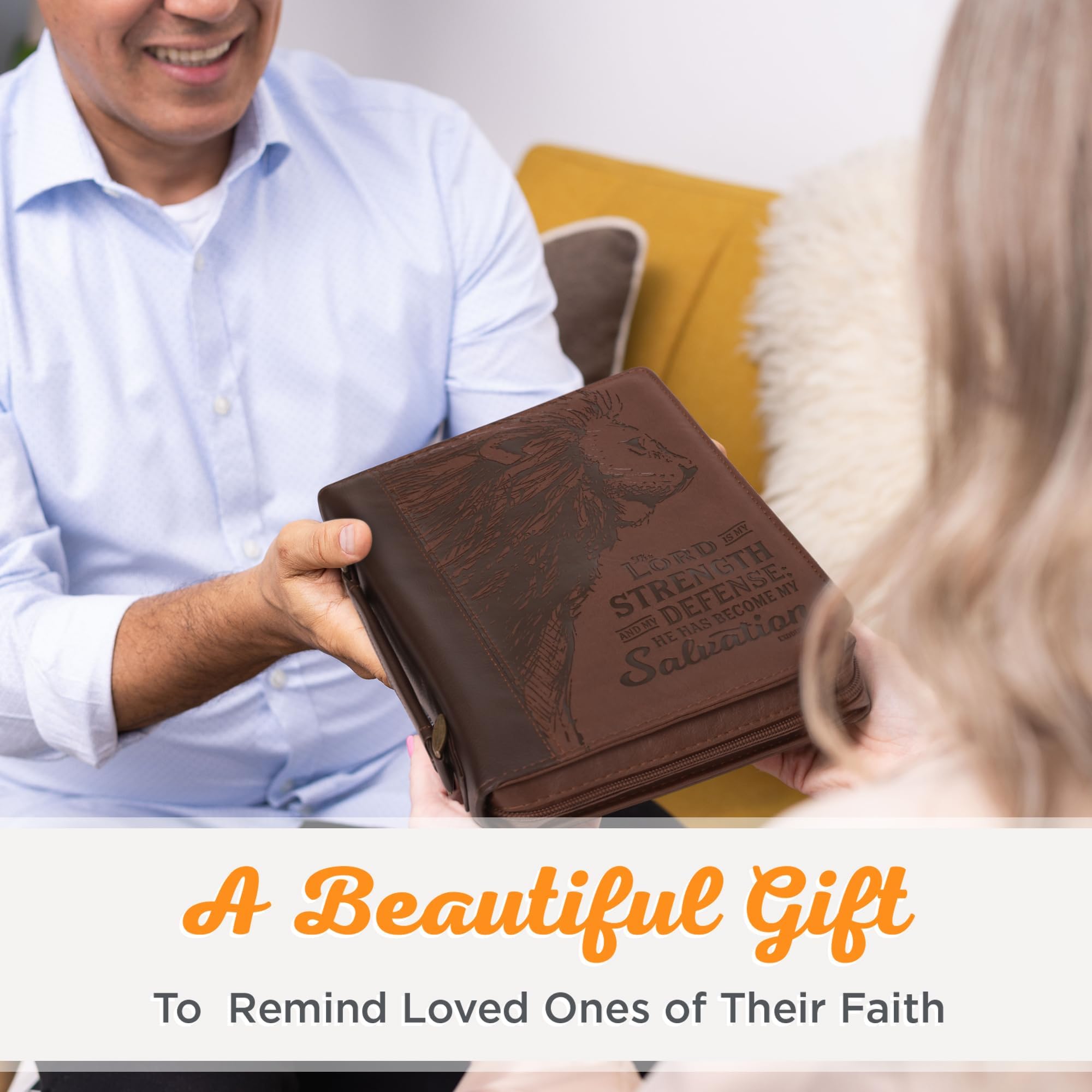 Christian Art Gifts Men's Classic Bible Cover, Lord is My Strength Lion Exodus 15:2, Brown Faux Leather, Medium