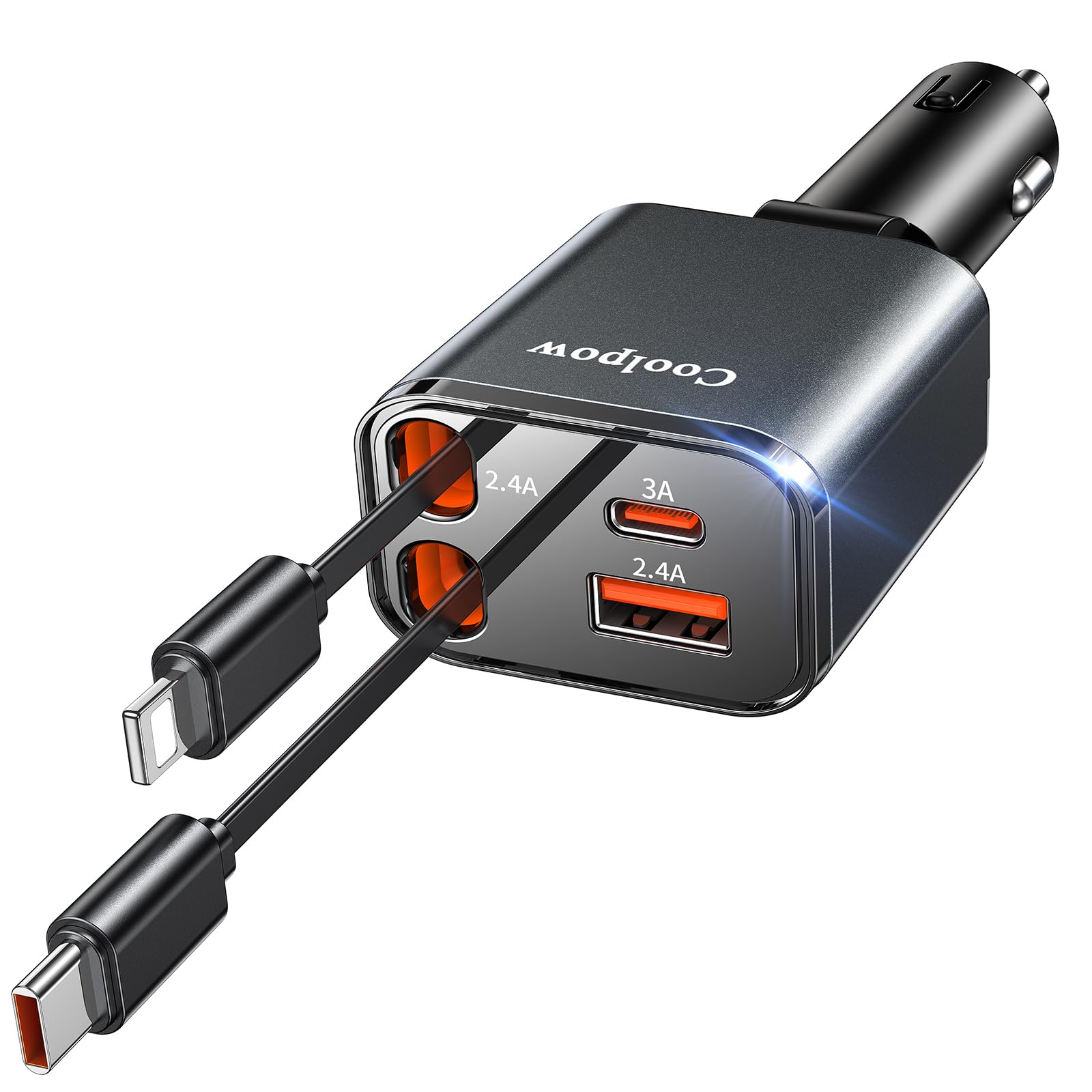 4 EN 1 Cargador Coche USB C, 69W Cargador Mechero Coche【180° Plegable】 Car Charger Adaptador Móvil Coche con 2 Cables Retráctiles para iPhone 16/15/Samsung S25/S24/iPad/GPS