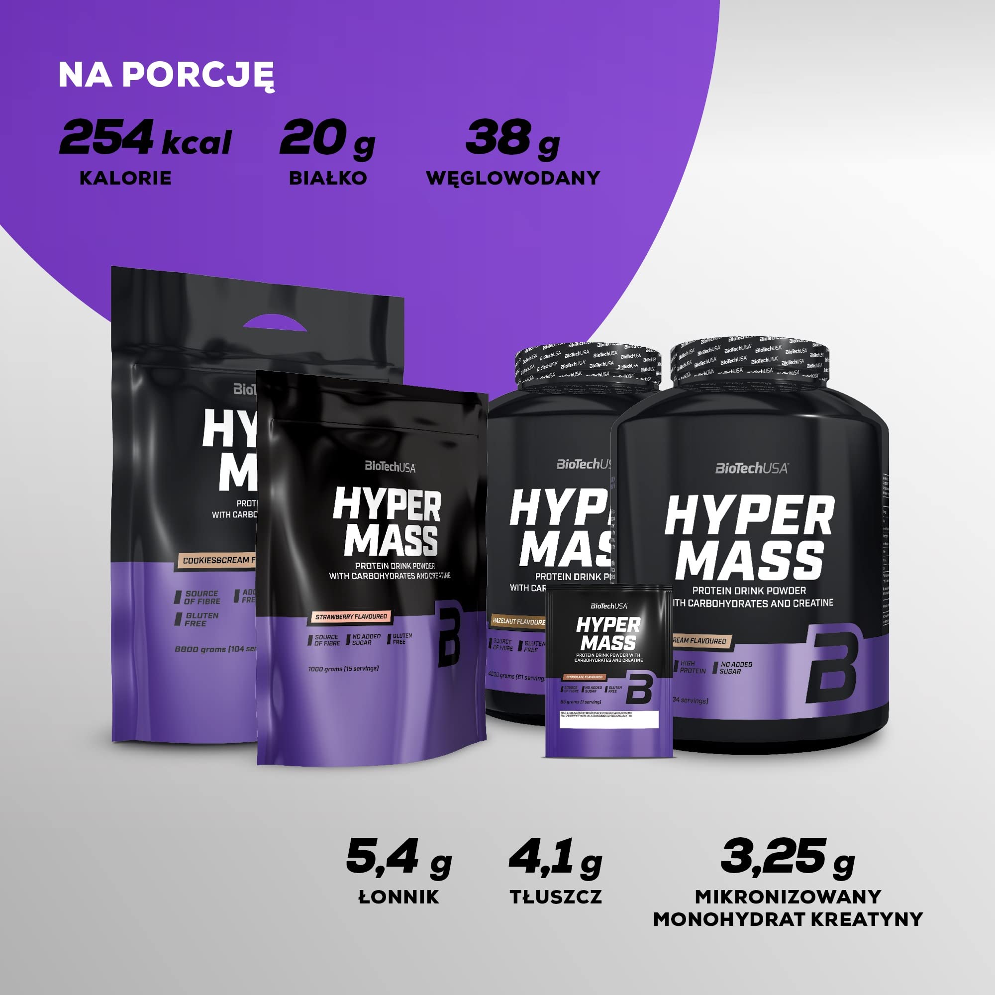 BioTechUSA Hyper Mass - Mass Gainer z mieszanką węglowodanów i białek | Mikronizowana kreatyna | Bezglutenowy, 1 kg, Cookies & cream | Wysoka zawartość białka | z kreatyną | niska zawartość cukru | do wspomagania fazy masowania | 1 kg, ciasteczka i krem