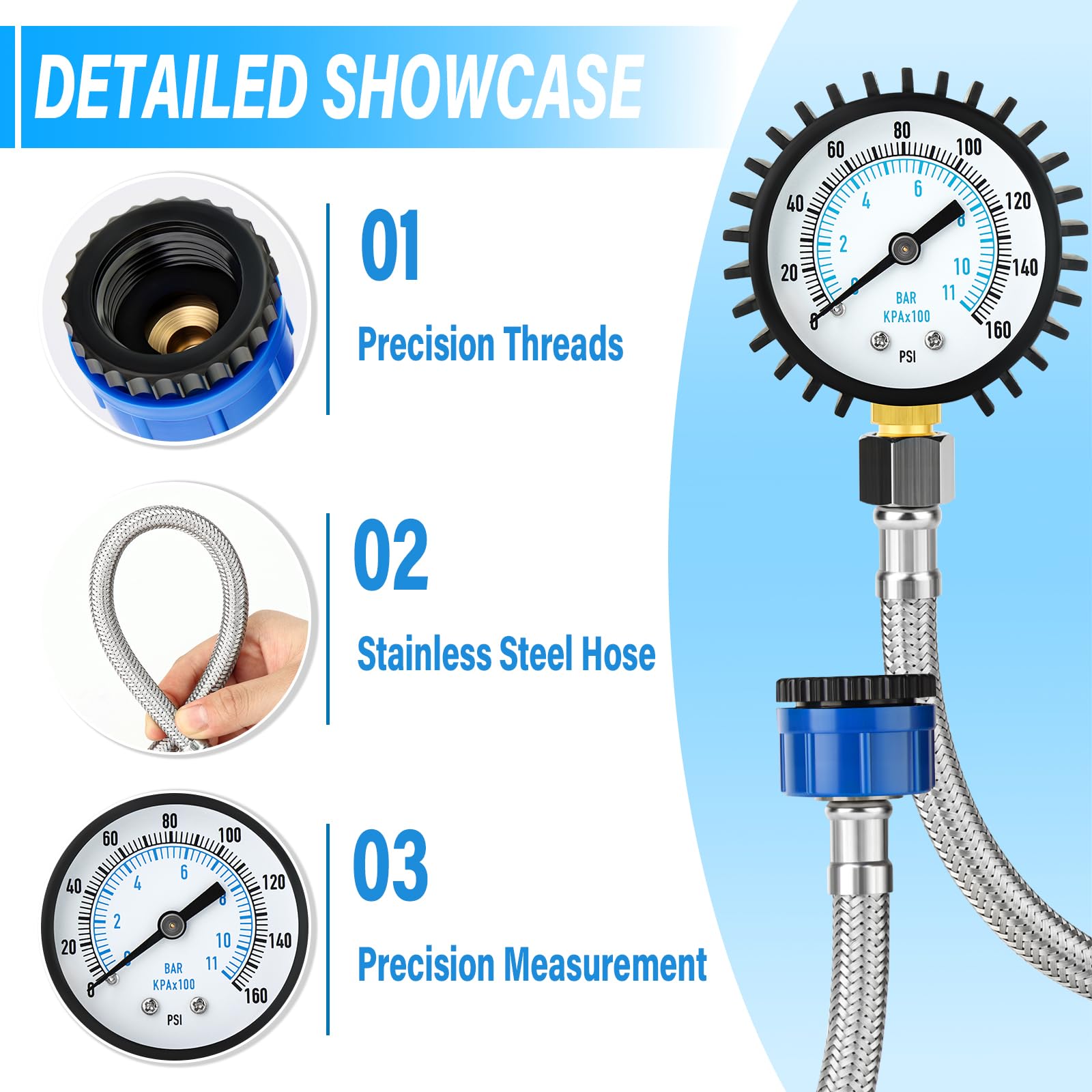 Manometro per pressione dell'acqua 0-11 Bar/0-160 Psi, quadrante da 2" in acciaio inossidabile Manometro per pressione di alimentazione dell'acqua con raccordo per rubinetto flessibile