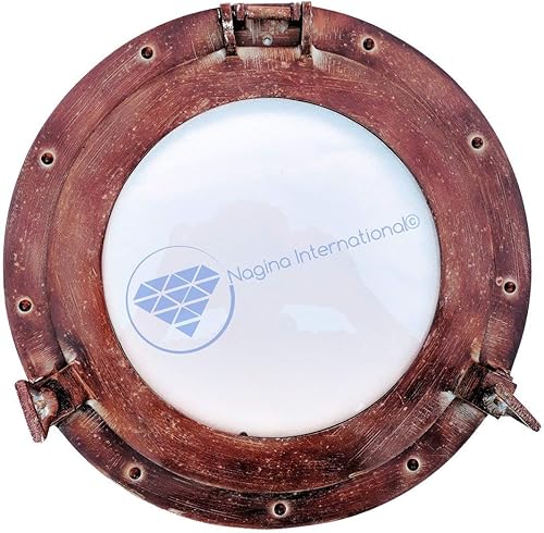 Nagina International Ventana de buey náutico marrón rústico antiguo de 15 pulgadas  Espejo de decoración de pared marítima estilo playa  Regalo del