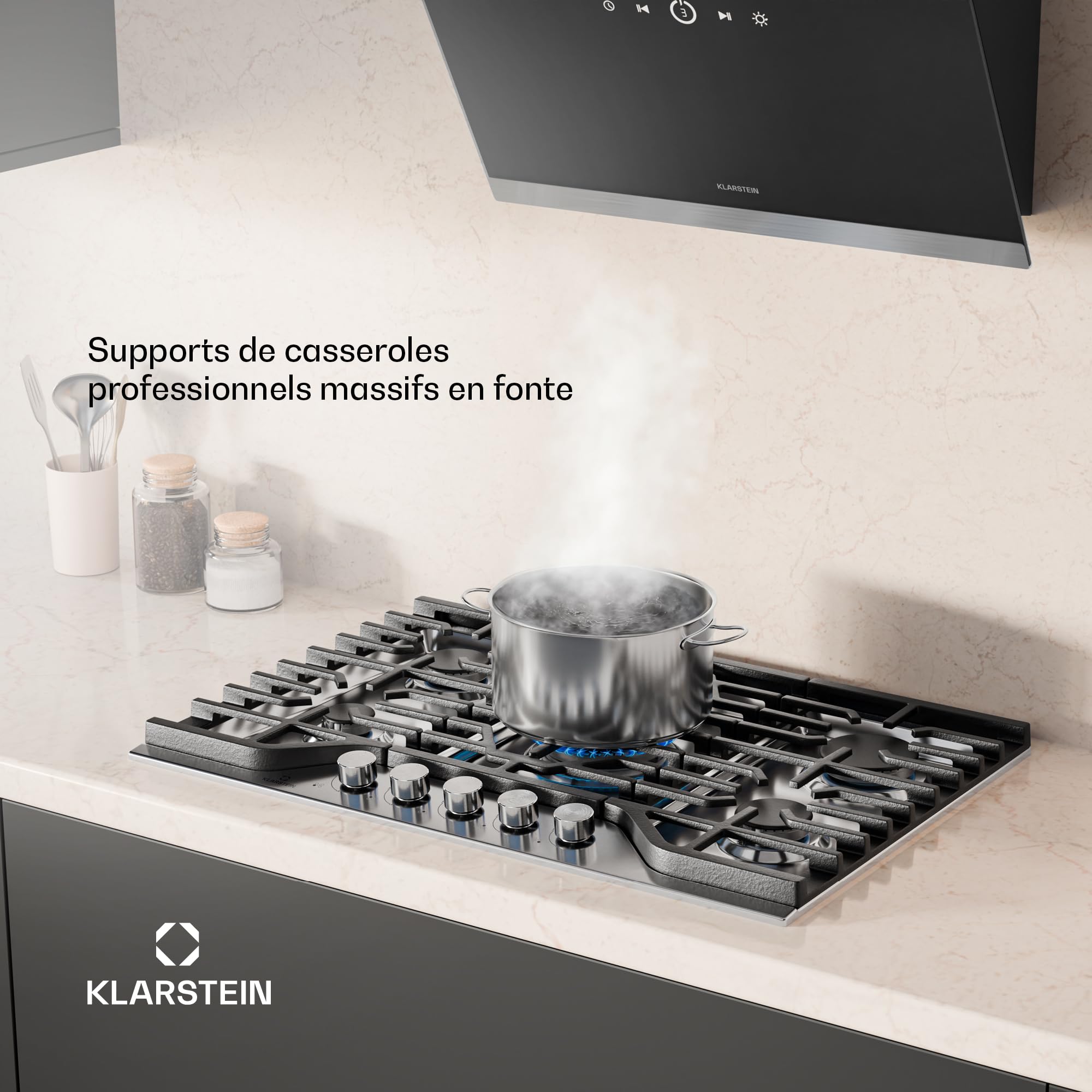 Klarstein Turbocast Placa de Gas, 5 Quemadores, Acero Inoxidable 304, Quemador Wok 3,4kW, Encendido Automático, Apagado de Seguridad, Kit GLP, Encimera Gas Profesional, 750×100×500mm