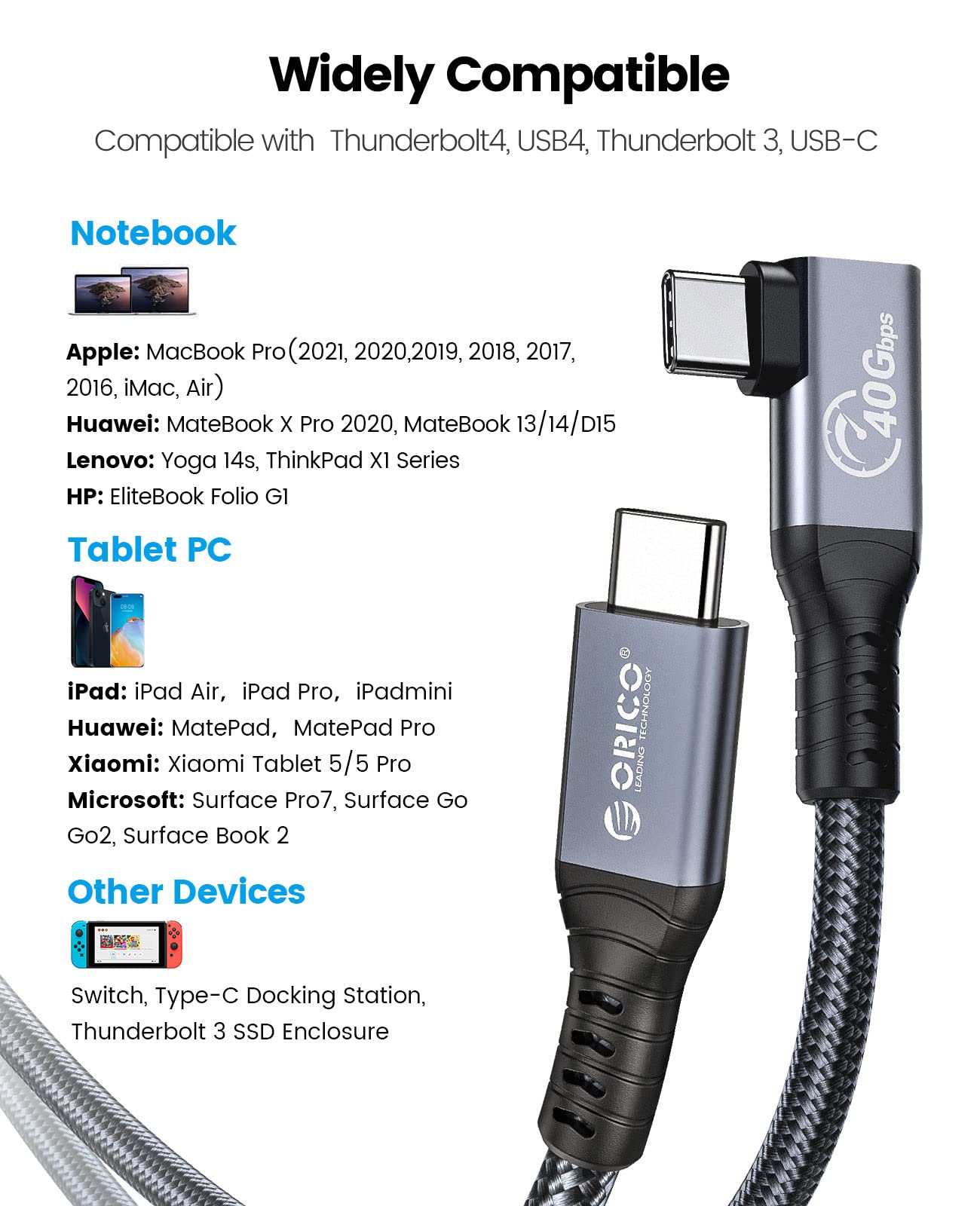 ORICO Cable para Thunderbolt 4, Compatible con Thunderbolt 3/USB4, Tasa de Transferencia 40Gbps, 8K@60Hz (Dos Pantallas 4k@60Hz) con PD 100W (20V/5A) para PC, eGUP y Portátil (Ángulo Recto,0.8M)