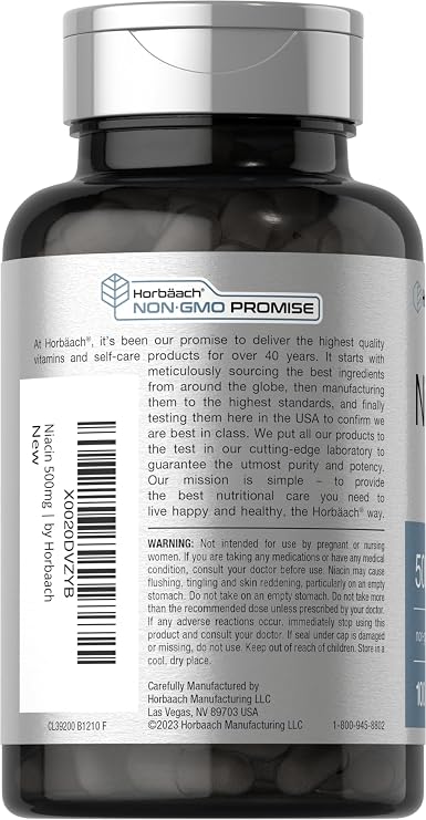 Horbaach Niacin | Vitamin B3 500mg | 100 Capsules | with Flushing