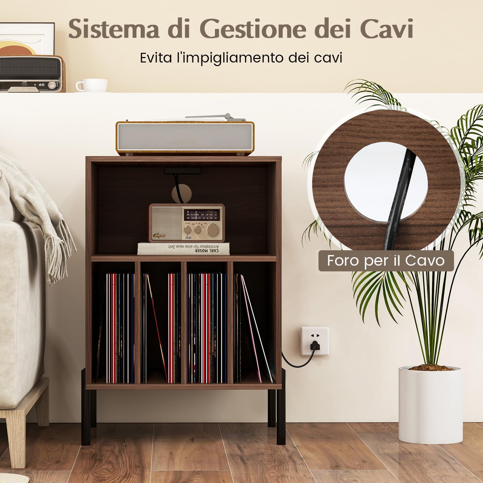 RELAX4LIFE Supporto per Giradischi con Stazione di Ricarica, Porta Vinili con 5 Scomparti e Gambe in Metallo, Scaffale per Dischi in Vinile per Soggiorno, Camera da Letto (Noce)