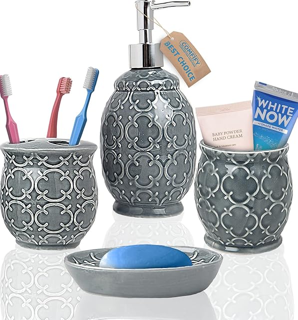 Designer 4-Piece Bathroom Accessory Set  Ceramic Bath Set w/ Liquid Soap or Lotion Dispenser, Toothbrush Holder, Tumbler and Soap Dish  Decorative Set w/ Embossed Details  Modern Vanity Accessories