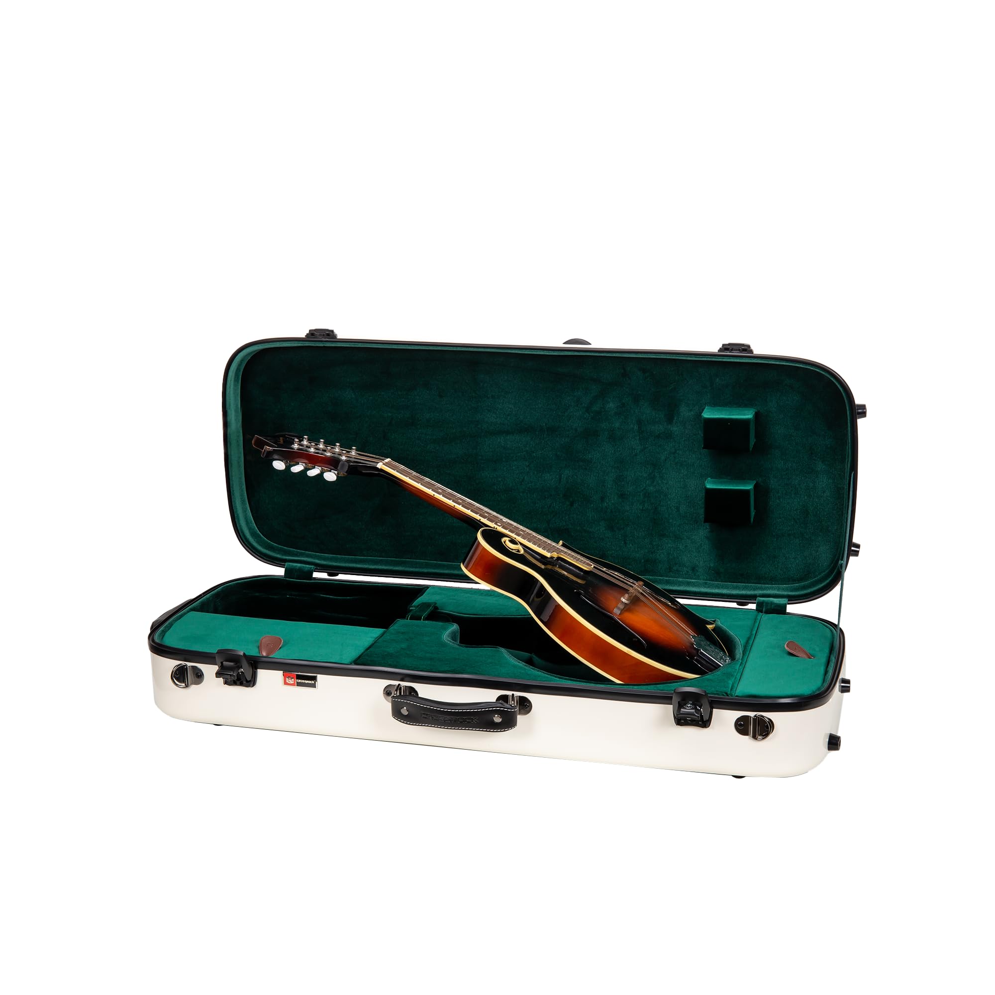 Crossrock Fiberglass Mandolin Case – Oblong for A &amp; F-Style (Universal Fit) | Milky White Gloss, Forest Green Velvet, TSA Lock, Hygrometer, Backpack Straps – Pro Travel Series