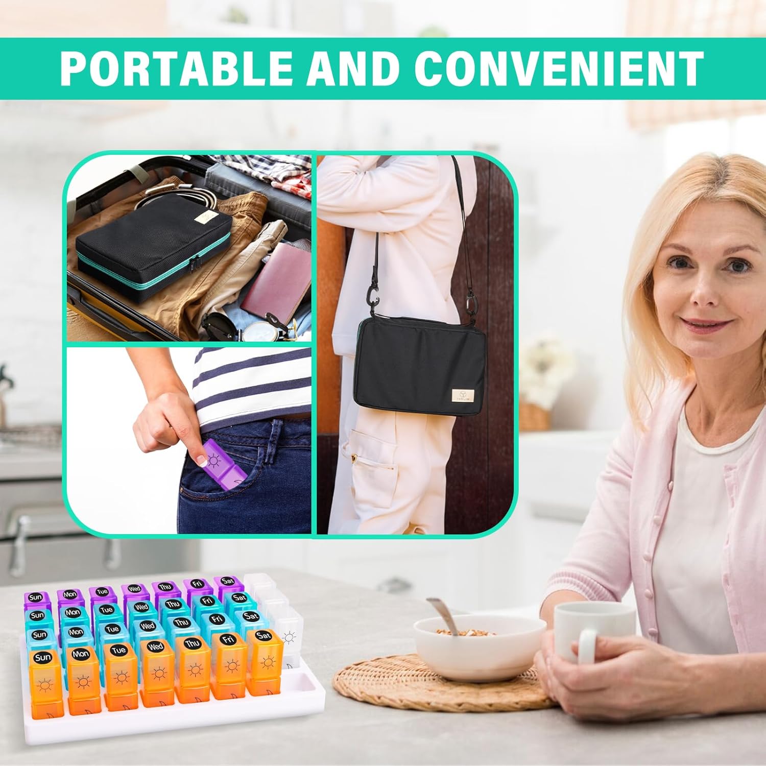 Monthly Pill Organizer 2 Times a Day, 2-in-1 for Home & Travel, 31 Day Pill Box AM PM with Cutter & Travel Bag, Portable Soft One Month Pill Box with Weekly Stickers for Medication & Vitamins - Image 2